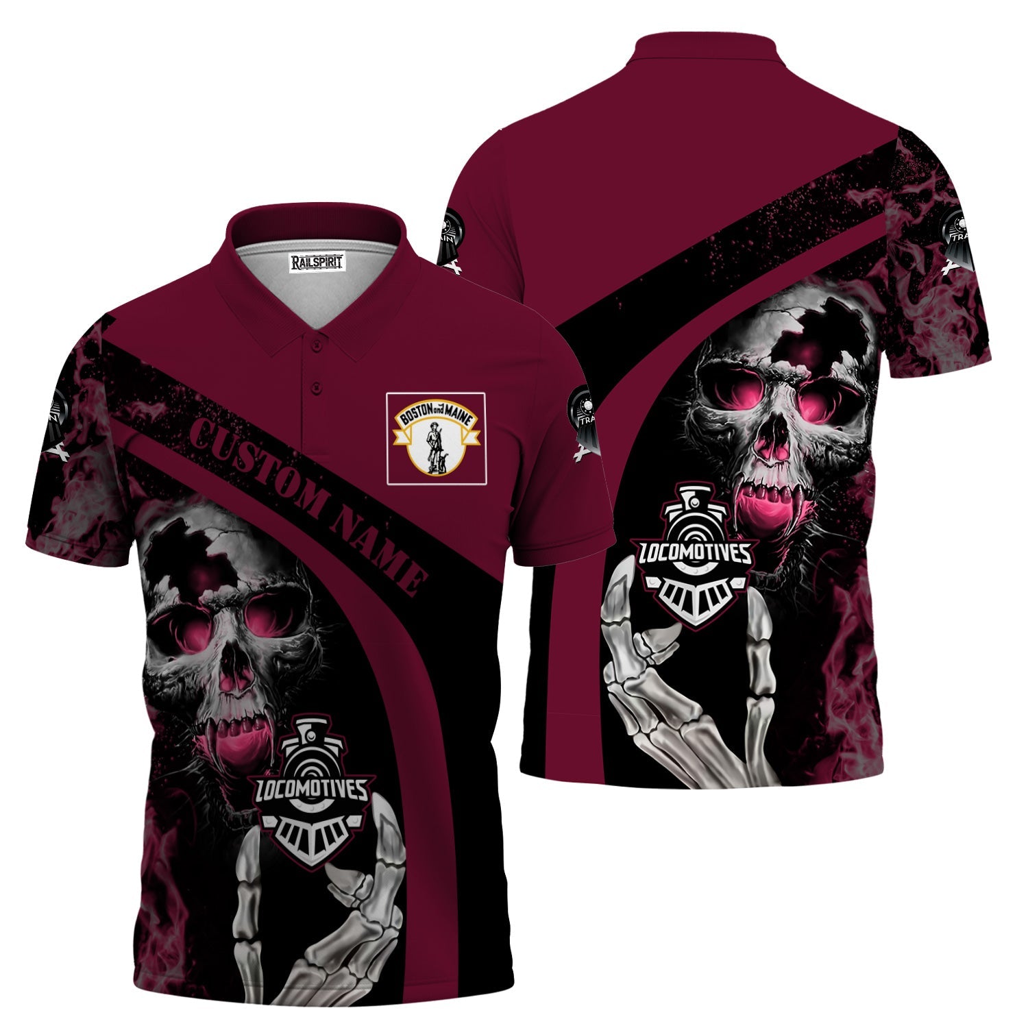 Railspirit Personalized Boston and Maine Railroad Polo Shirt Flame Skull Design Train Shirt for Locomotive Fans