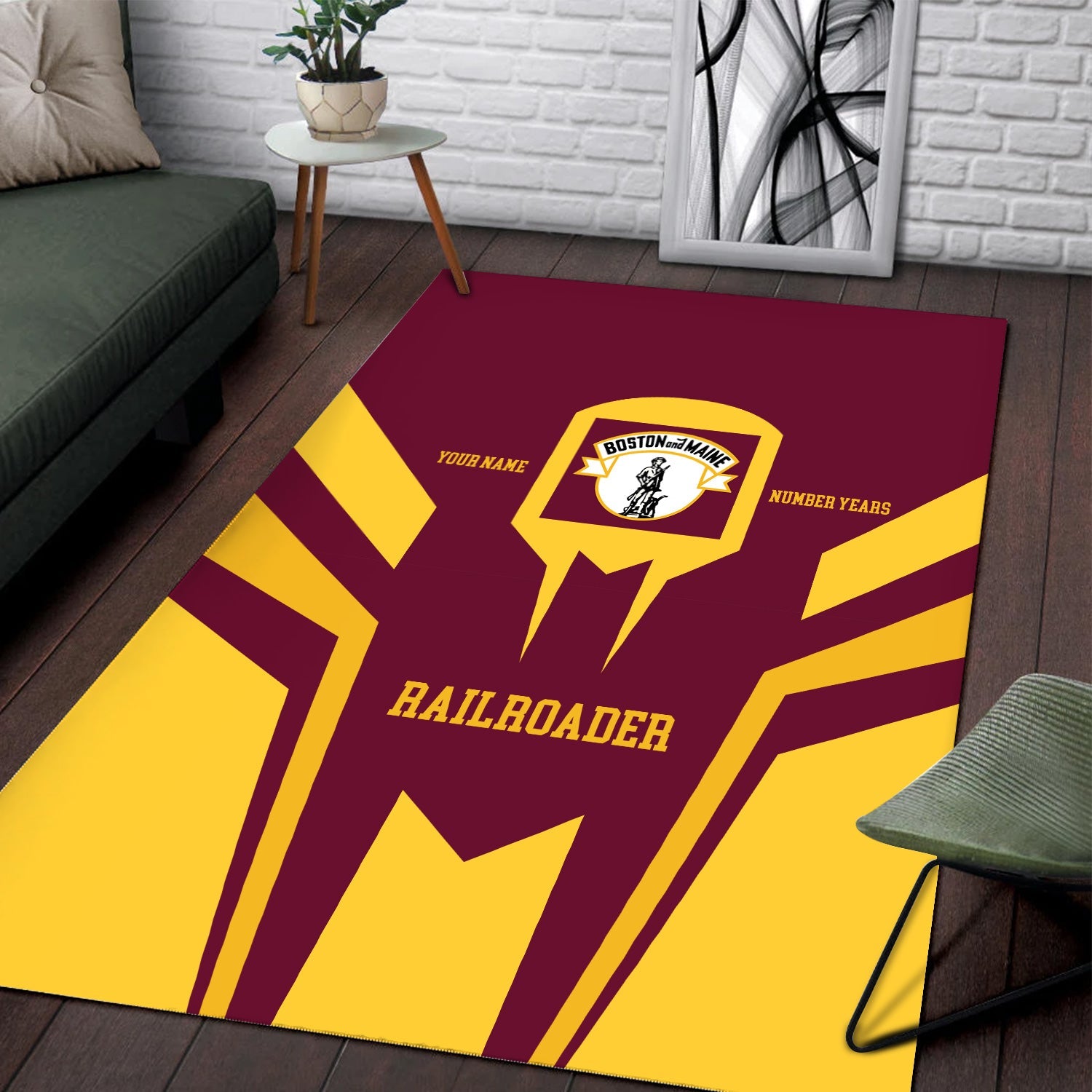 Railspirit Personalized Boston and Maine Railroad Area Rug Custom Year Railroader Rug Gift Idea For Train Lover