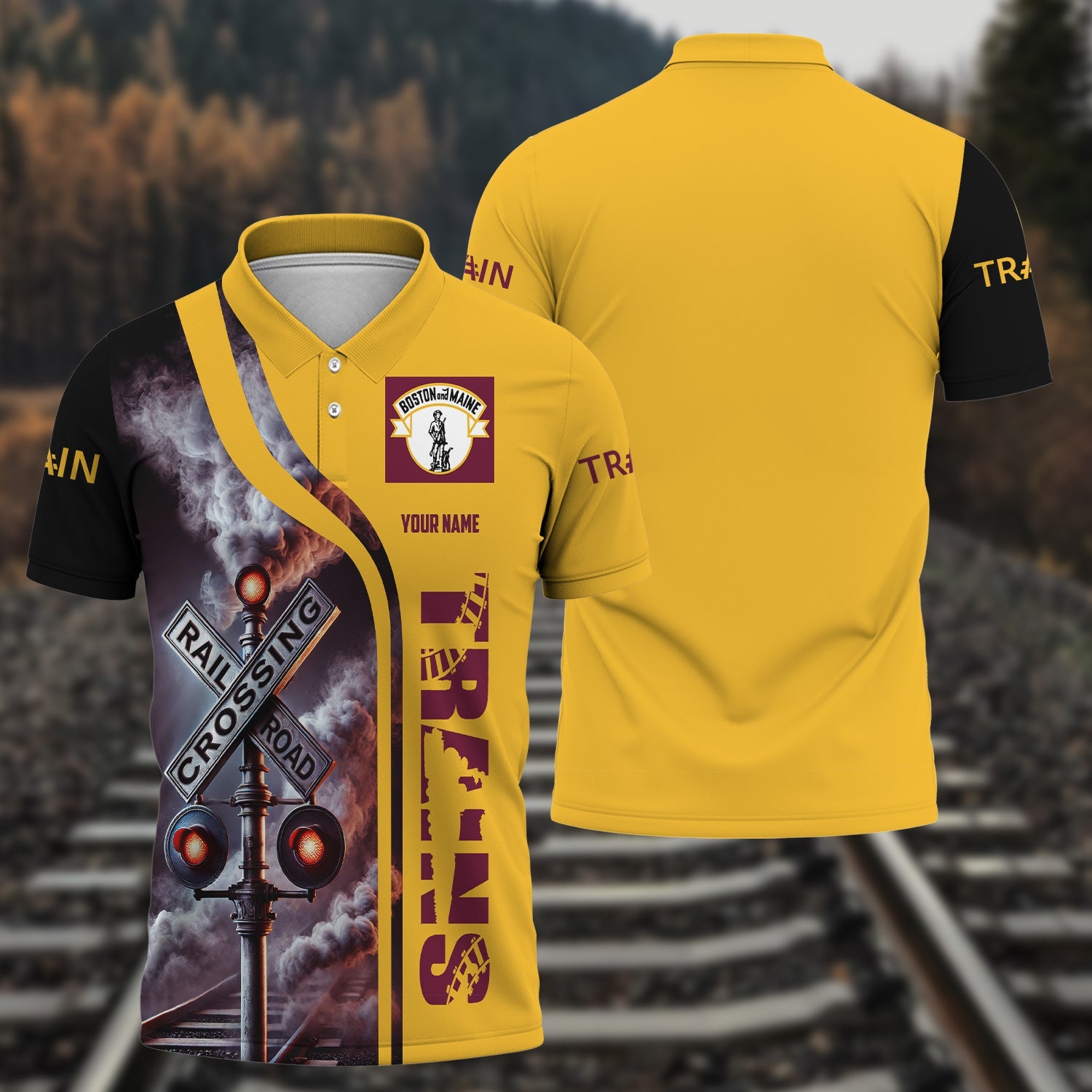 Railspirit Personalized Boston and Maine Railroad Polo Shirt Crossing Railroad Sign American Locomotive Train Shirt All Over Print