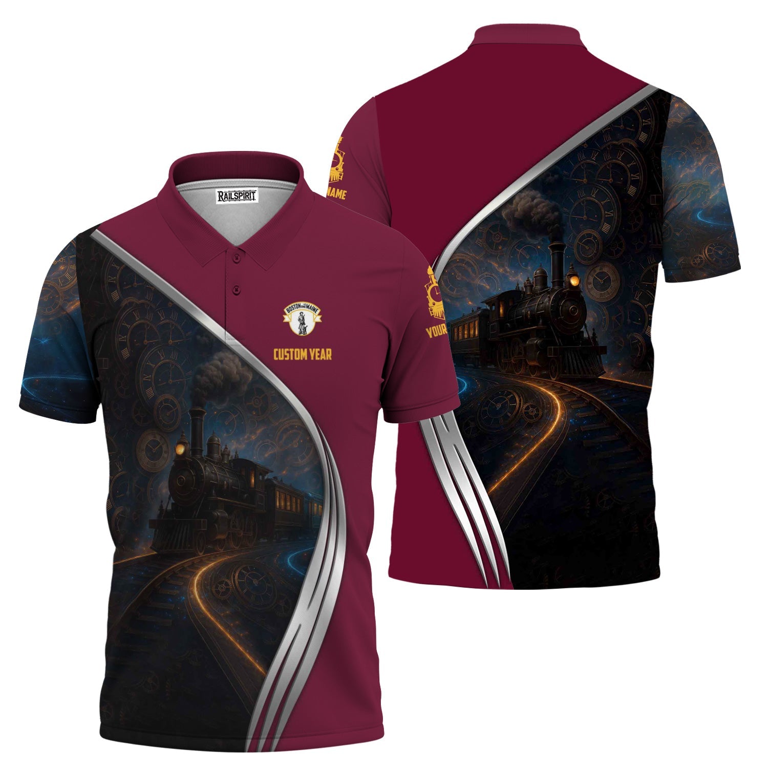 Railspirit Personalized Boston and Maine Railroad Polo Shirt Steampunk Locomotive with Custom Year Train Shirt