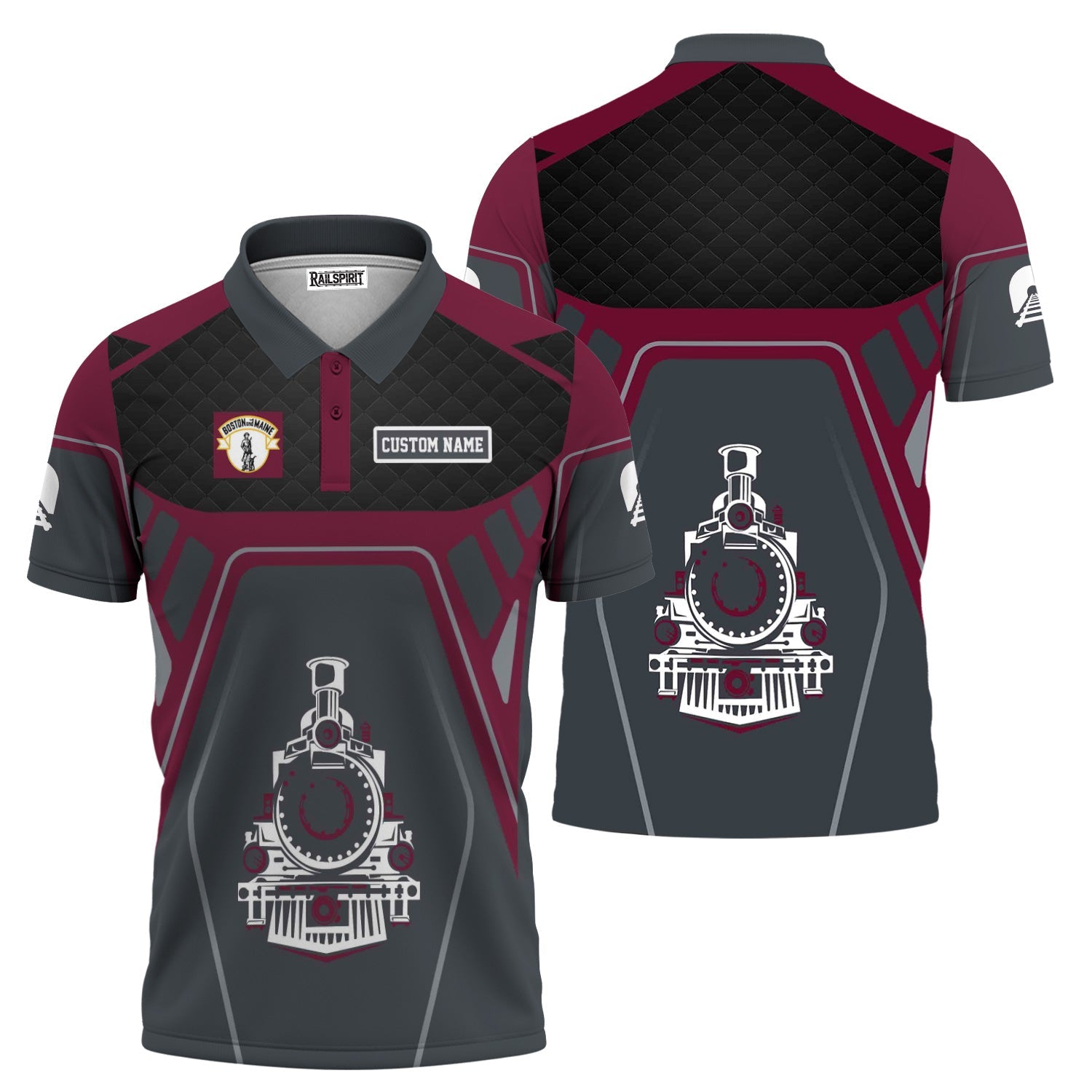 Railspirit Personalized Boston and Maine Railroad Polo Shirt Steam Locomotive Engine Graphic Train Shirt All Over Print
