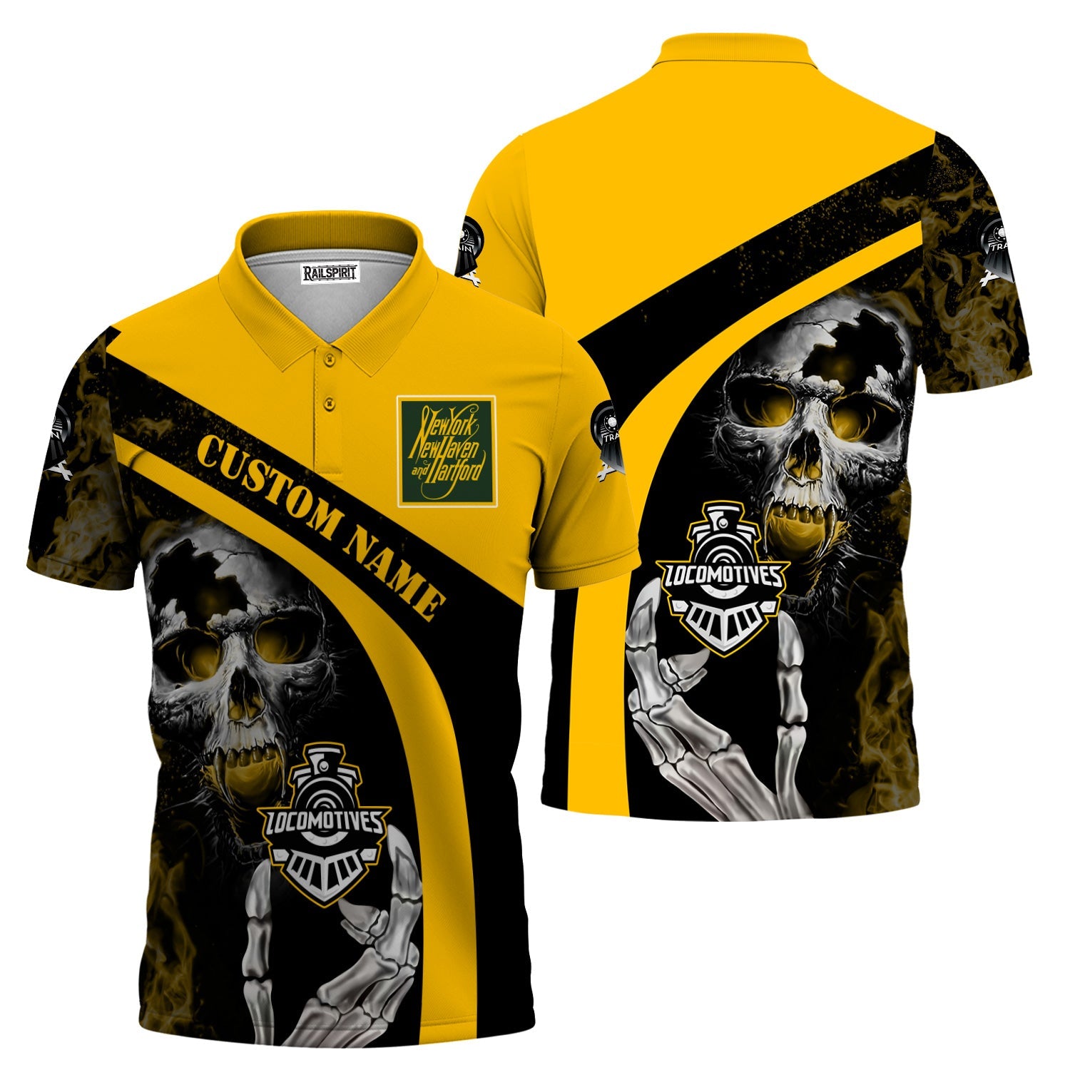Railspirit Personalized New York, New Haven and Hartford Railroad Polo Shirt Flame Skull Design New Haven Railroad Train Shirt for Locomotive Fans
