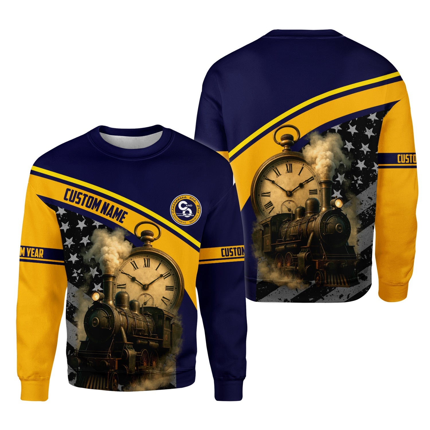 Railspirit Personalized Chesapeake and Ohio Railway Sweatshirt Classic Steam Engine With Retro Pocket Watch C&O Shirt All Over Print