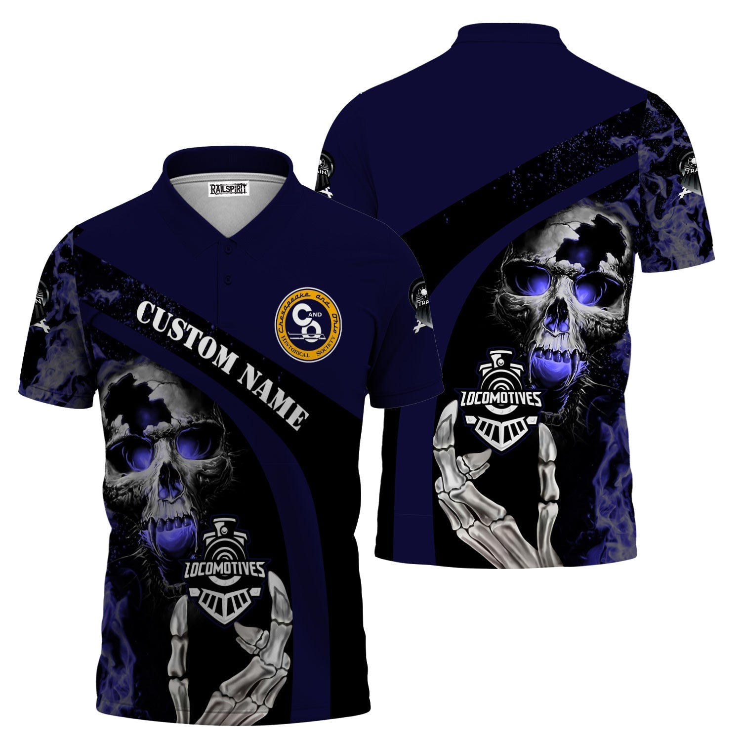 Railspirit Personalized Chesapeake and Ohio Railway Polo Shirt Flame Skull Design C&O Train Shirt for Locomotive Fans