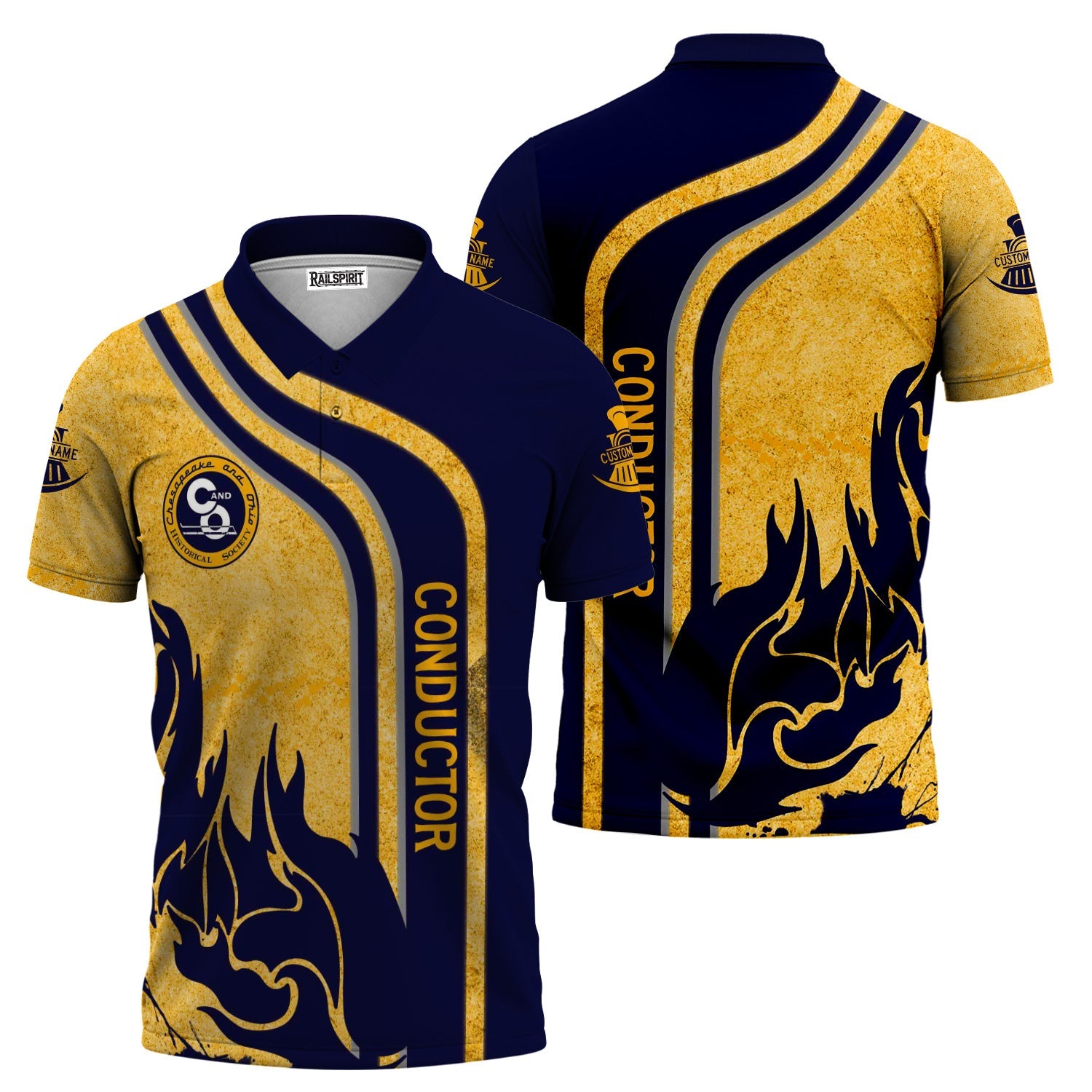 Railspirit Personalized Chesapeake and Ohio Railway Polo Shirt Flame Design with Custom Job Position C&O Train Shirt