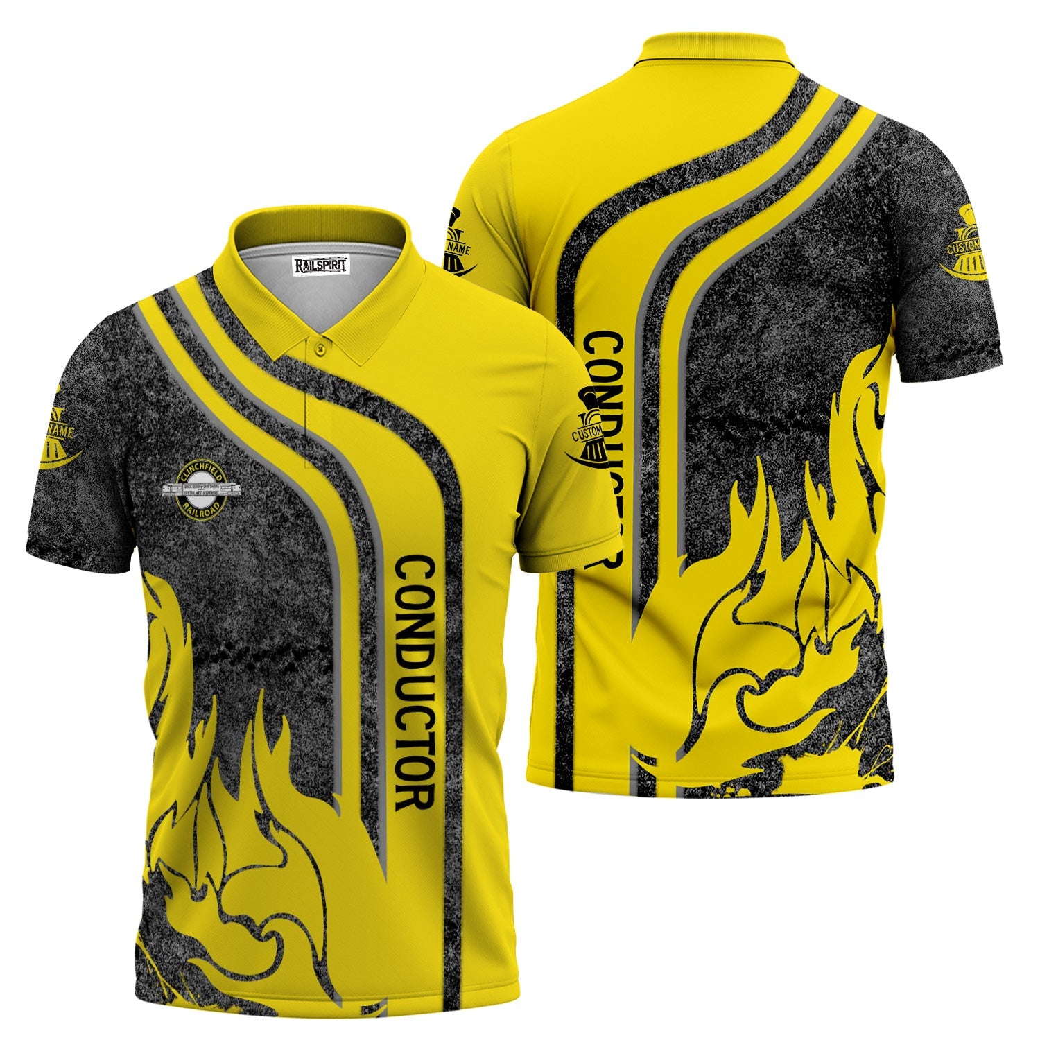 Railspirit Personalized Clinchfield Railroad Polo Shirt Flame Design with Custom Job Position Train Shirt
