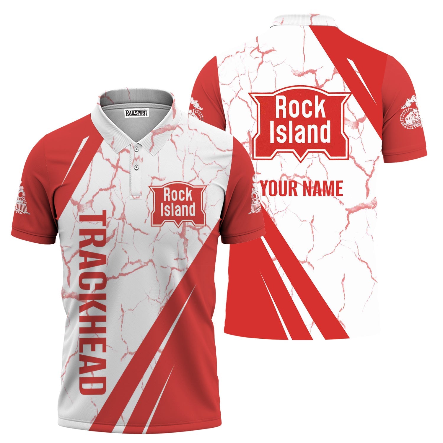 Railspirit Personalized Chicago, Rock Island and Pacific Railroad Polo Shirt Crackle Texture Style Rock Island Railroad Train Shirt For Trackhead