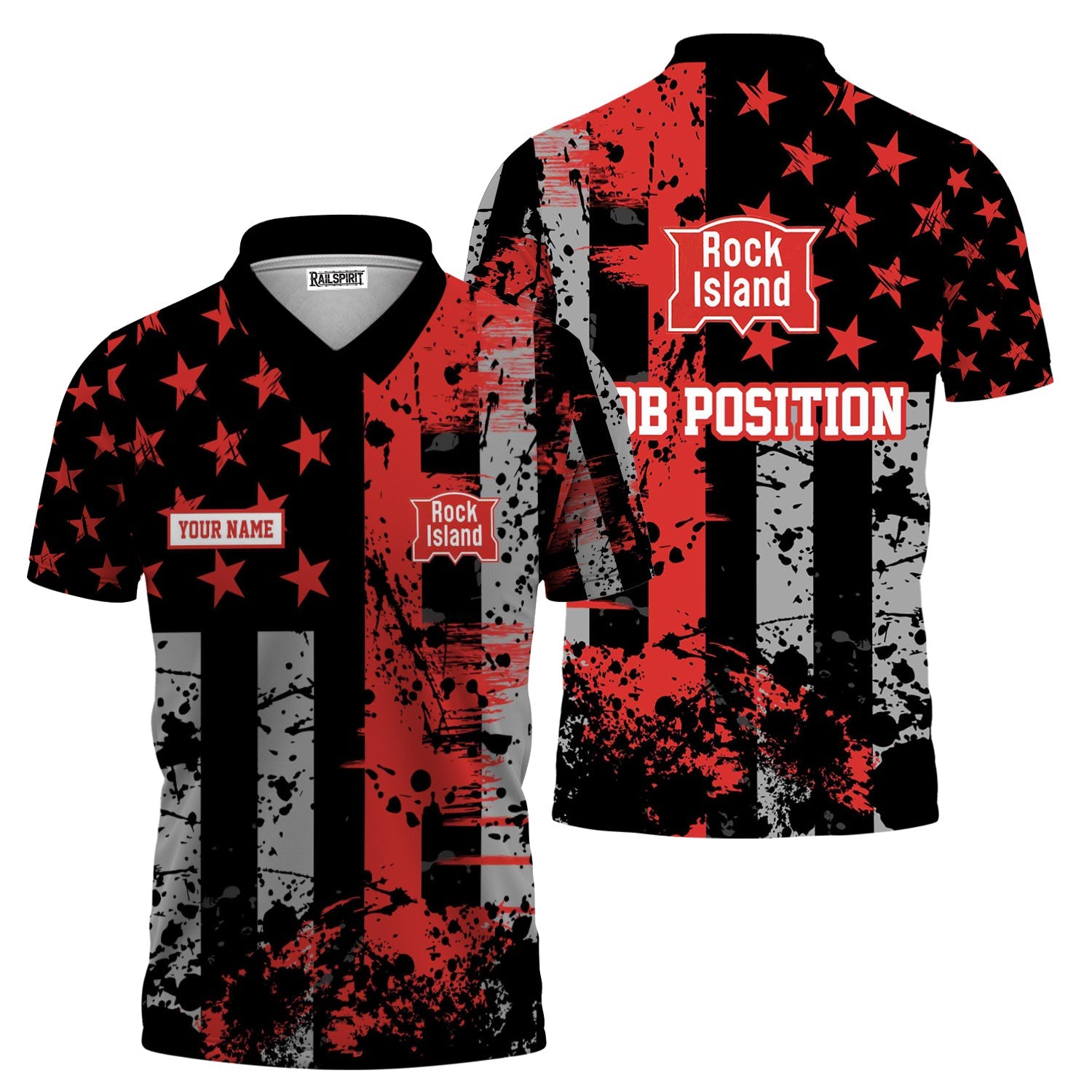 Railspirit Personalized Chicago, Rock Island and Pacific Railroad Polo Shirt Artistic Paint American Flag Style Rock Island Railroad Train Shirt
