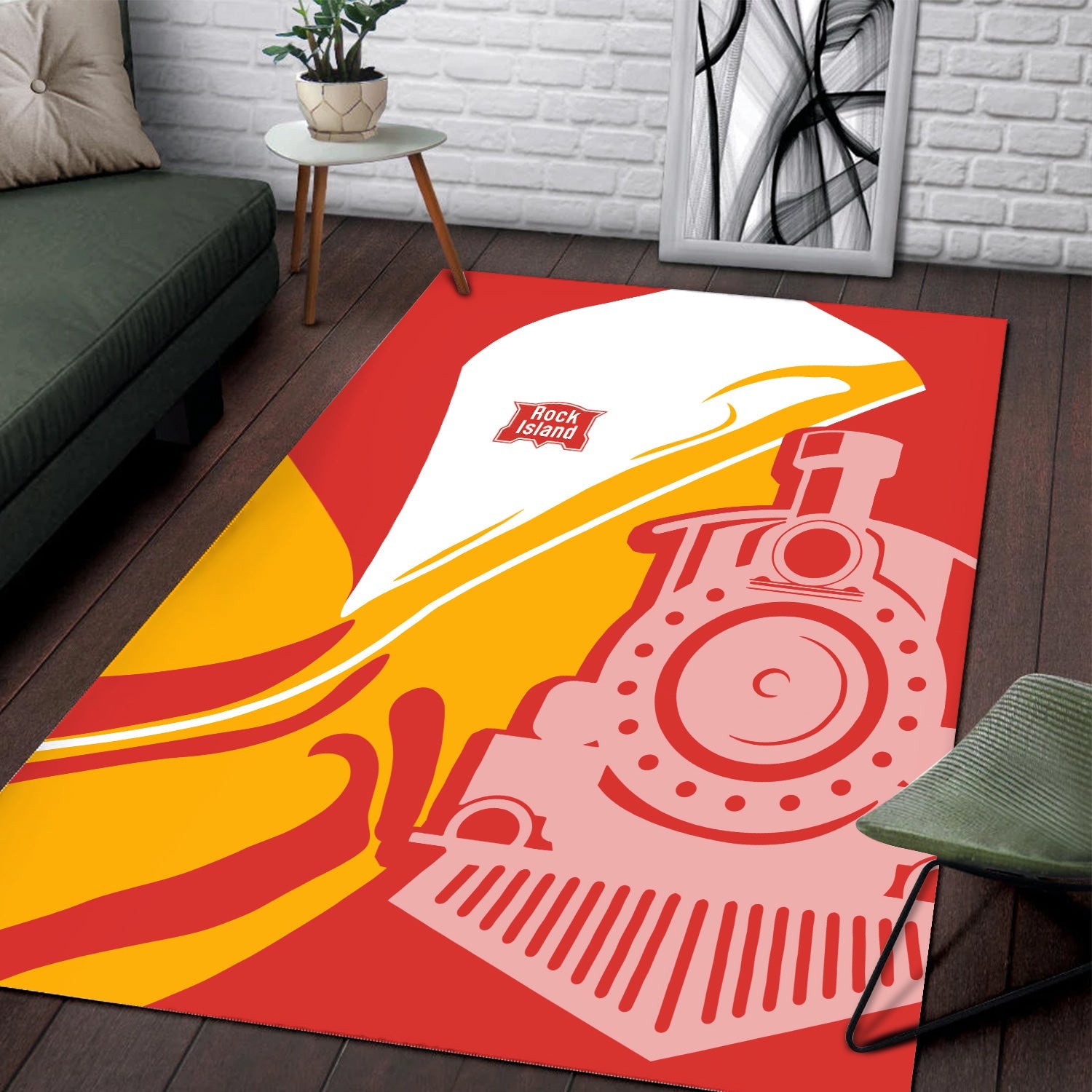 Railspirit Chicago, Rock Island and Pacific Railroad Area Rug Flame-Inspired Style Rock Island Railroad Rug Gift Idea For Train Lovers