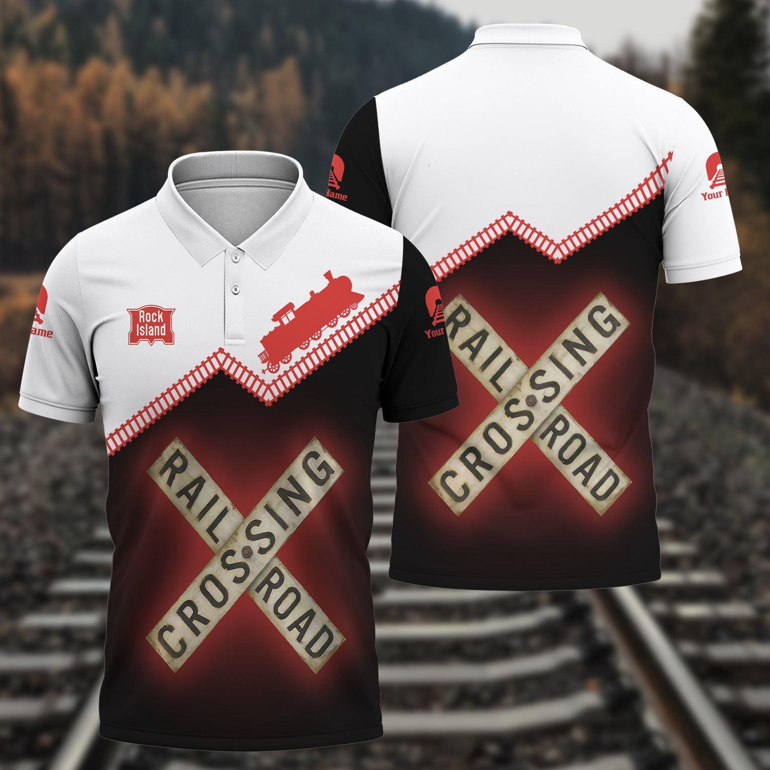 Railspirit Personalized Chicago, Rock Island and Pacific Railroad Polo Shirt Railroad Crossing Nickel Plate Road Printed Train Track Shirt