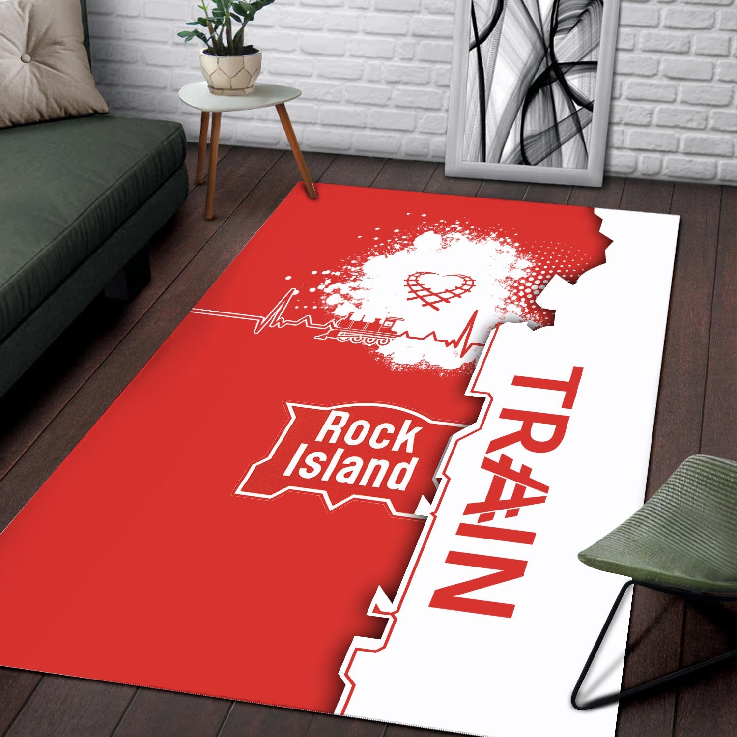 Railspirit Chicago, Rock Island and Pacific Railroad Area Rug Engine Heartbeat and Track Love Style Rock Island Railroad Rug Gift For Train Lovers