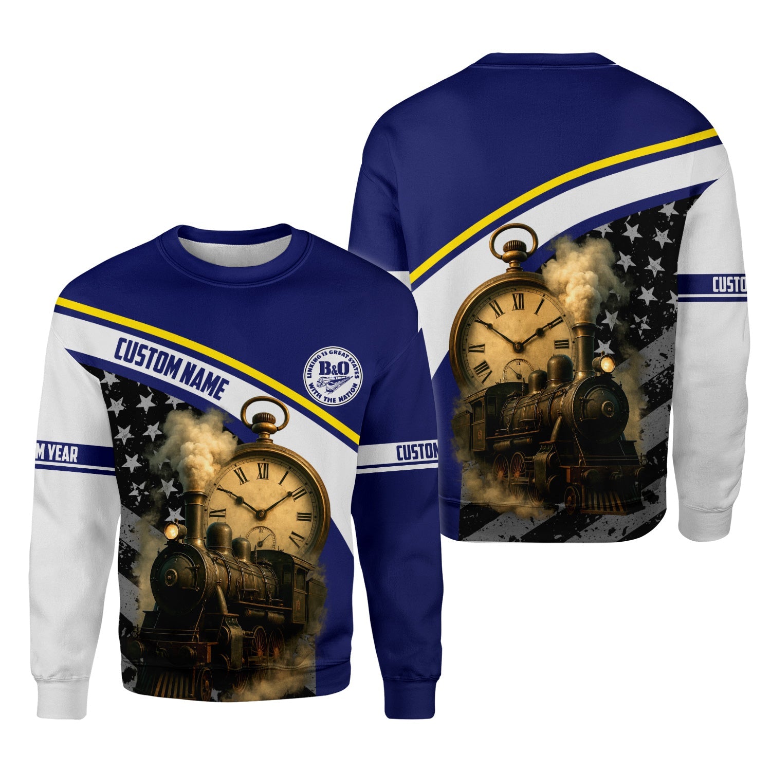 Railspirit Personalized B&O Great States Railroad Sweatshirt Classic Steam Engine With Retro Pocket Watch Shirt All Over Print