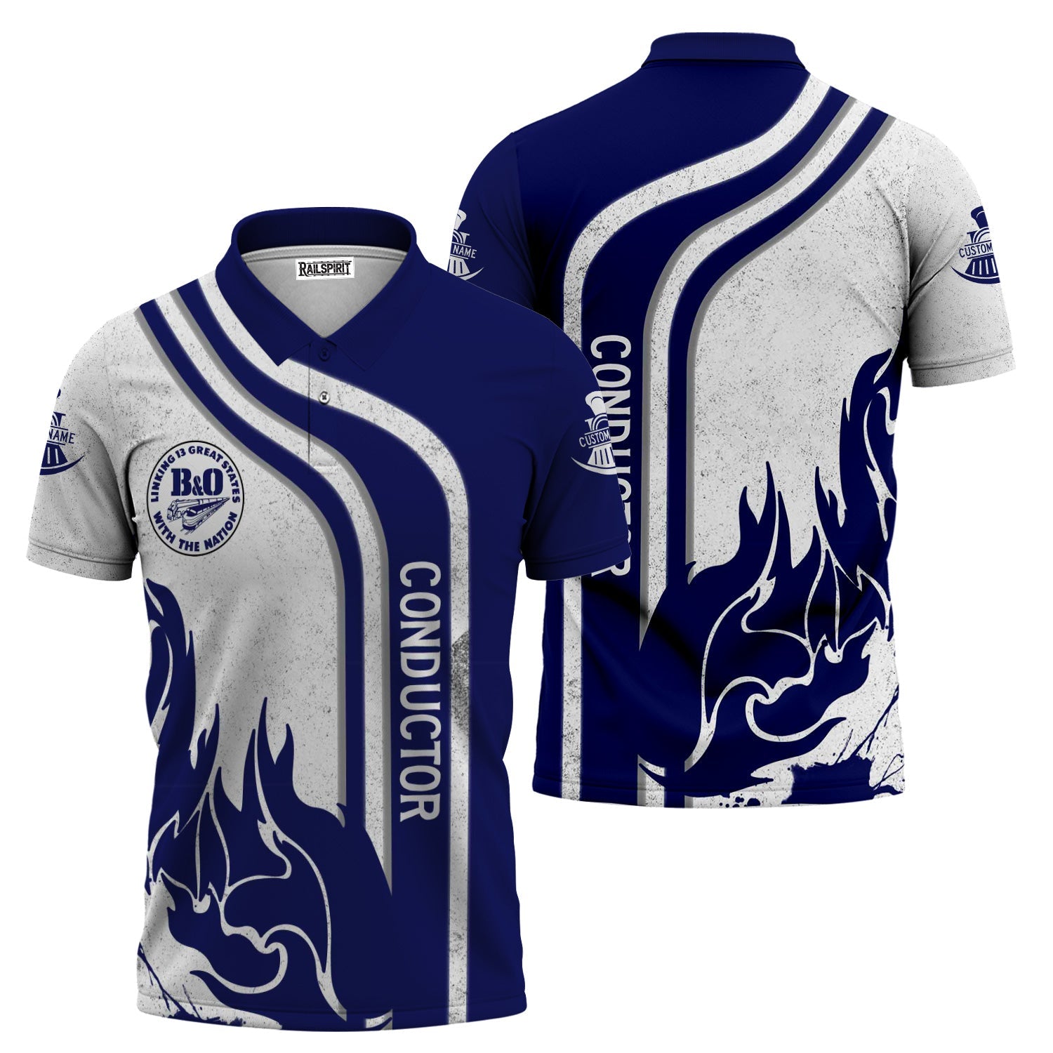 Railspirit Personalized B&O Great States Railroad Polo Shirt Flame Design with Custom Job Position Train Shirt