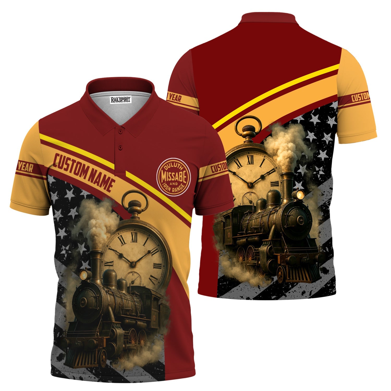 Railspirit Personalized Duluth, Missabe, & Iron Range Railroad Polo Shirt Classic Steam Engine With Retro Pocket Watch Shirt All Over Print