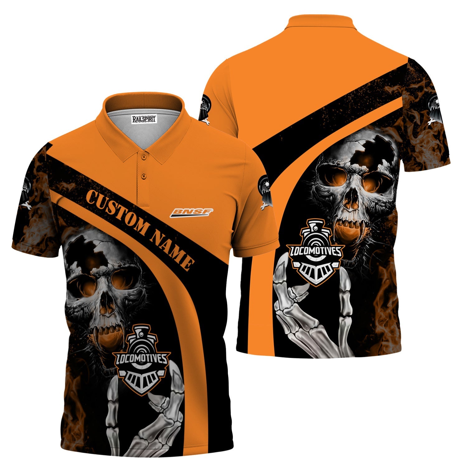 Railspirit Personalized BNSF Railway Polo Shirt Flame Skull Design Train Shirt for Locomotive Fans