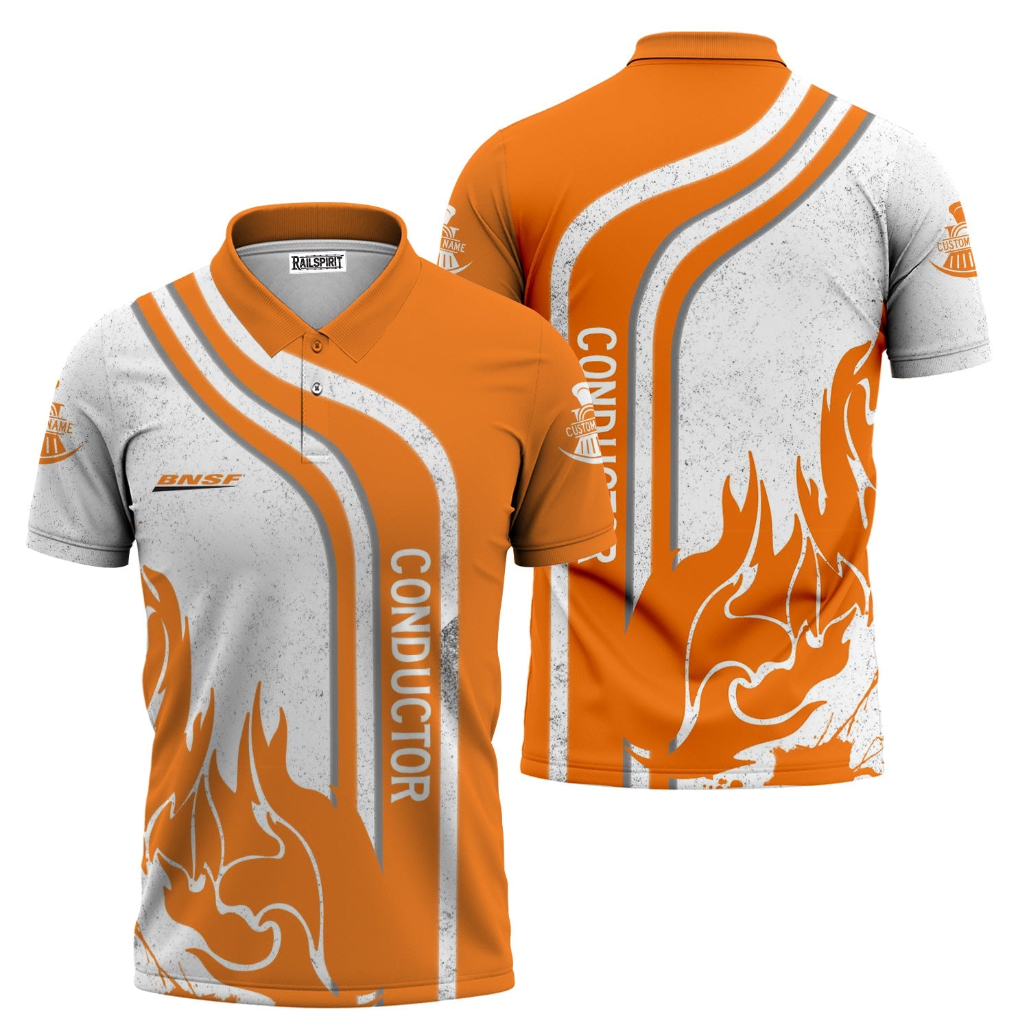 Railspirit Personalized BNSF Railway Polo Shirt Flame Design with Custom Job Position Train Shirt
