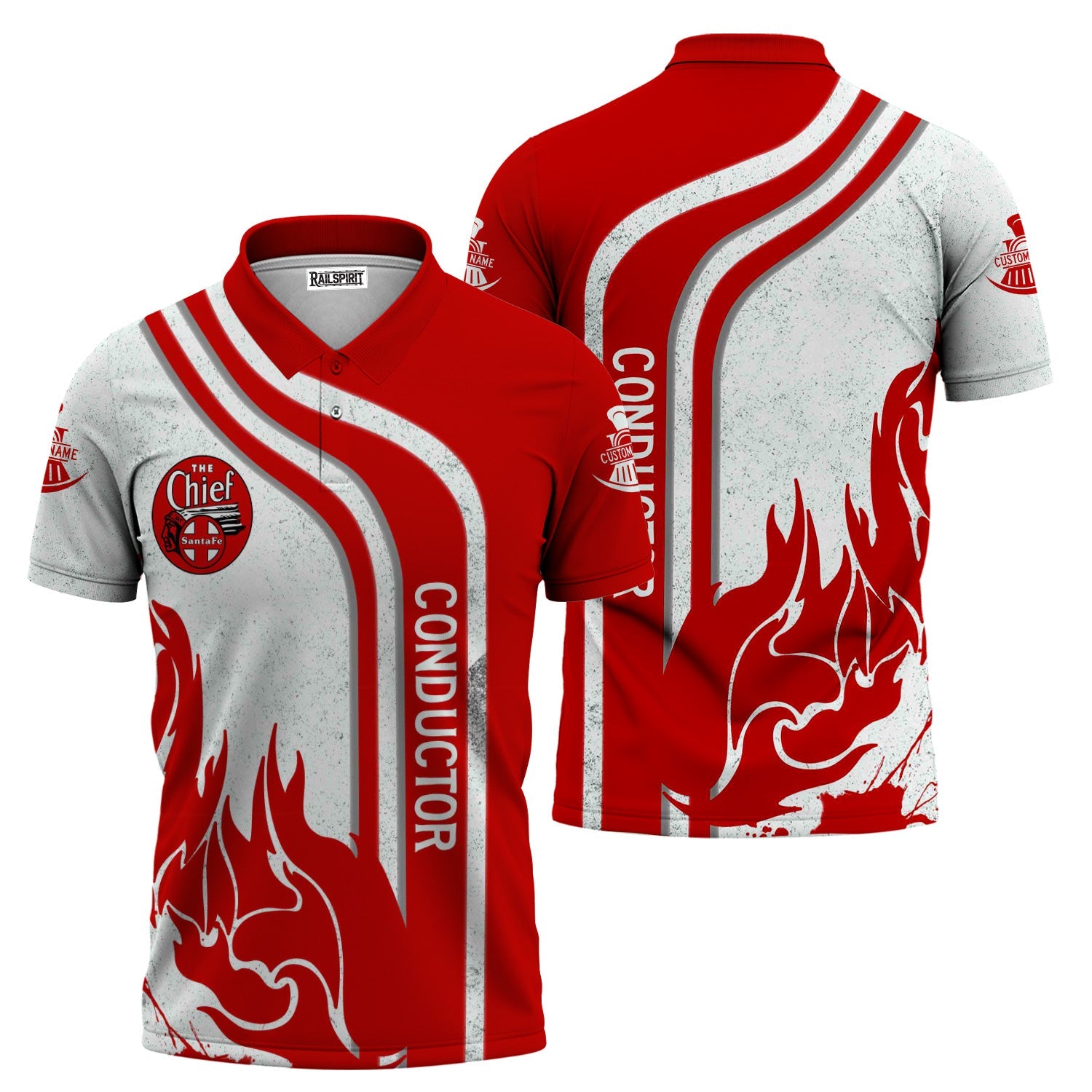 Railspirit Personalized The Chief Santa Fe Railroad Polo Shirt Flame Design with Custom Job Position Train Shirt