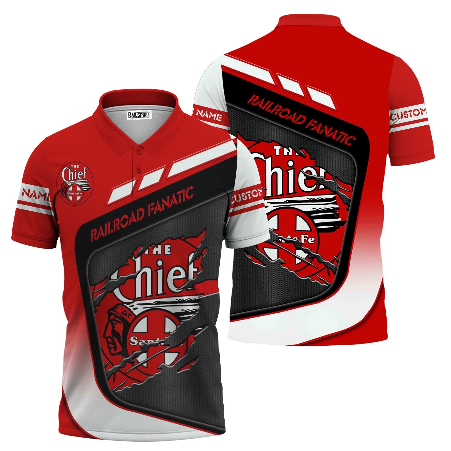 Railspirit Personalized The Chief Santa Fe Railroad Polo Shirt Ripped Texture Style Train Shirt For Railroad Fanatic