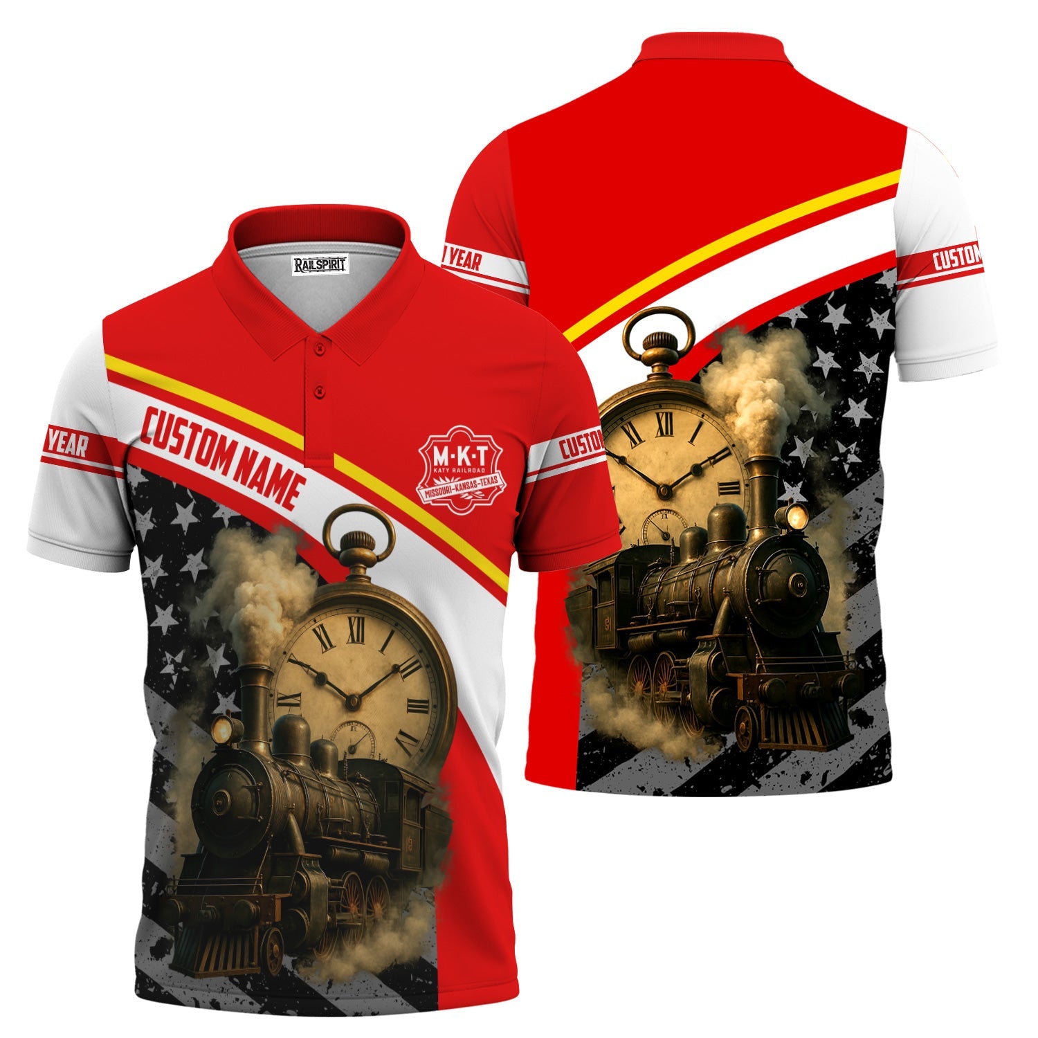Railspirit Personalized Katy Railroad Polo Shirt Classic Steam Engine With Retro Pocket Watch Shirt All Over Print