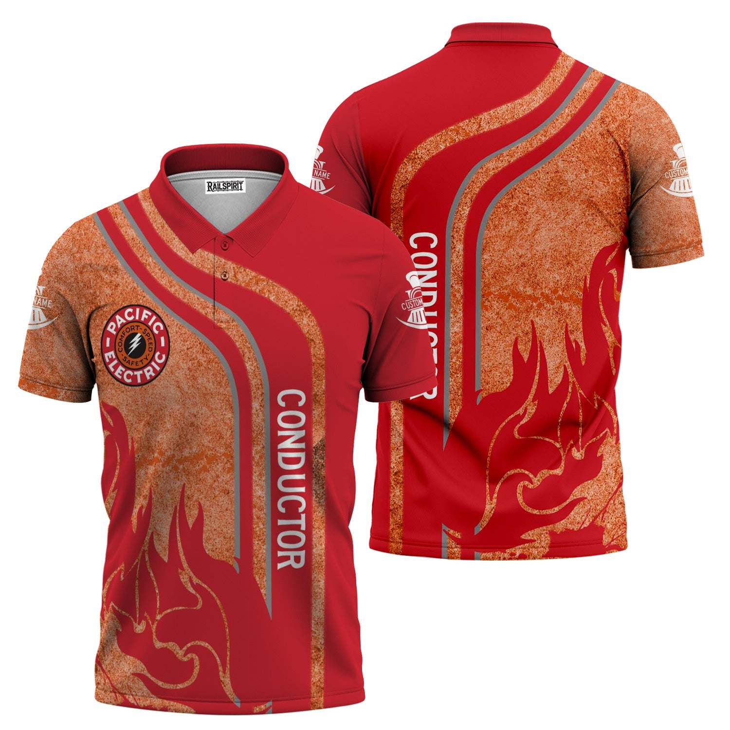 Railspirit Personalized Pacific Electric Railroad Polo Shirt Flame Design with Custom Job Position Train Shirt