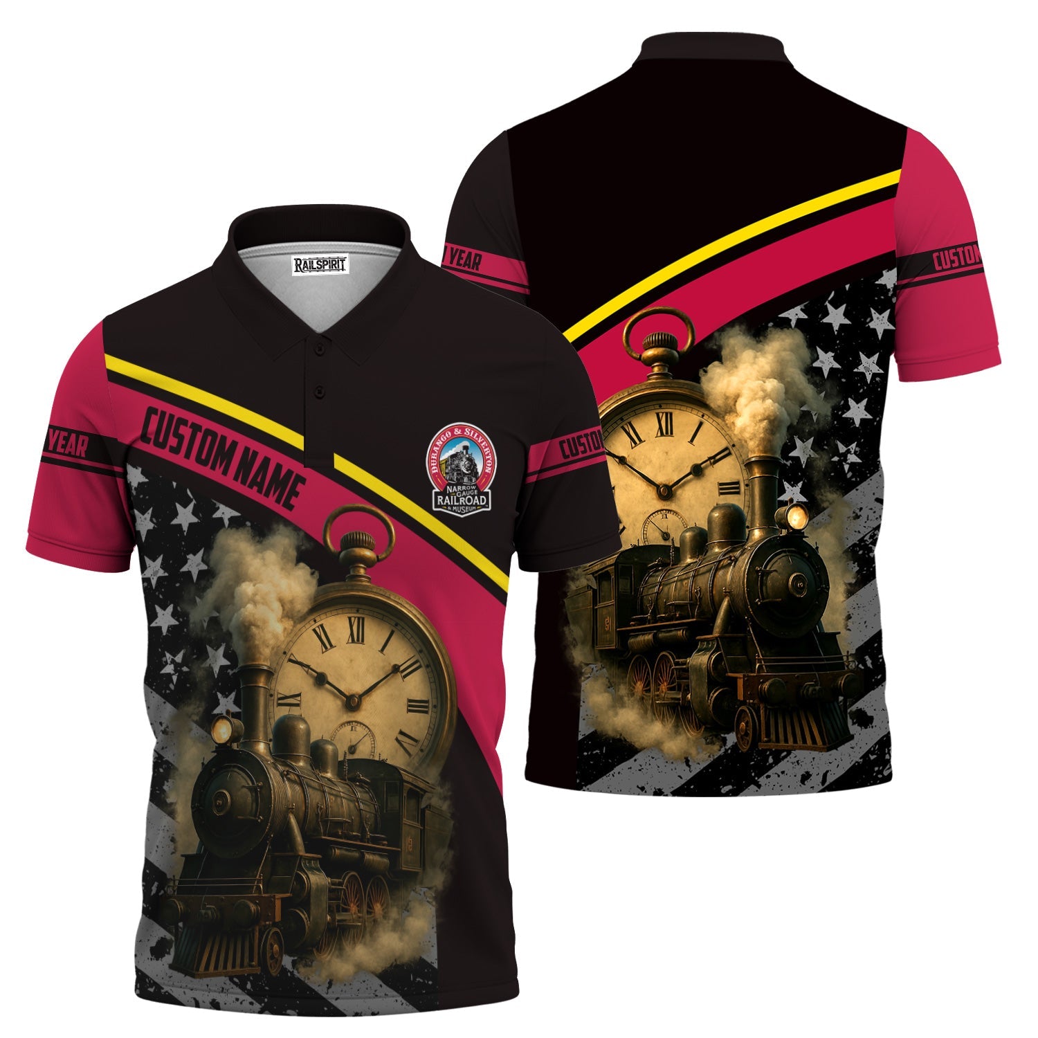 Railspirit Personalized Durango And Silverton Narrow Gauge Railroad Polo Shirt Classic Steam Engine With Retro Pocket Watch Shirt All Over Print