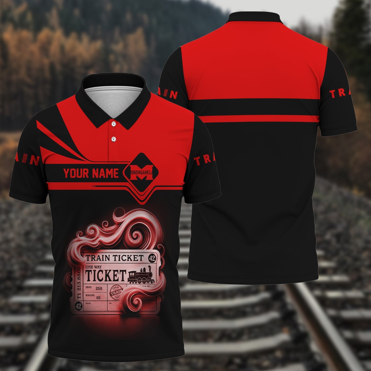 Railspirit Custom Name Monongahela Railroad Polo Shirt American Train Ticket Printed Shirt