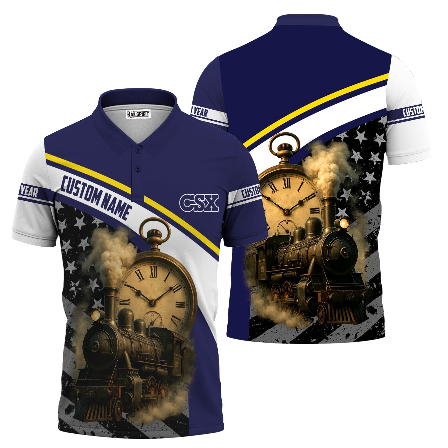 Railspirit Personalized CSX Transportation Railroad Polo Shirt Classic Steam Engine With Retro Pocket Watch Shirt All Over Print