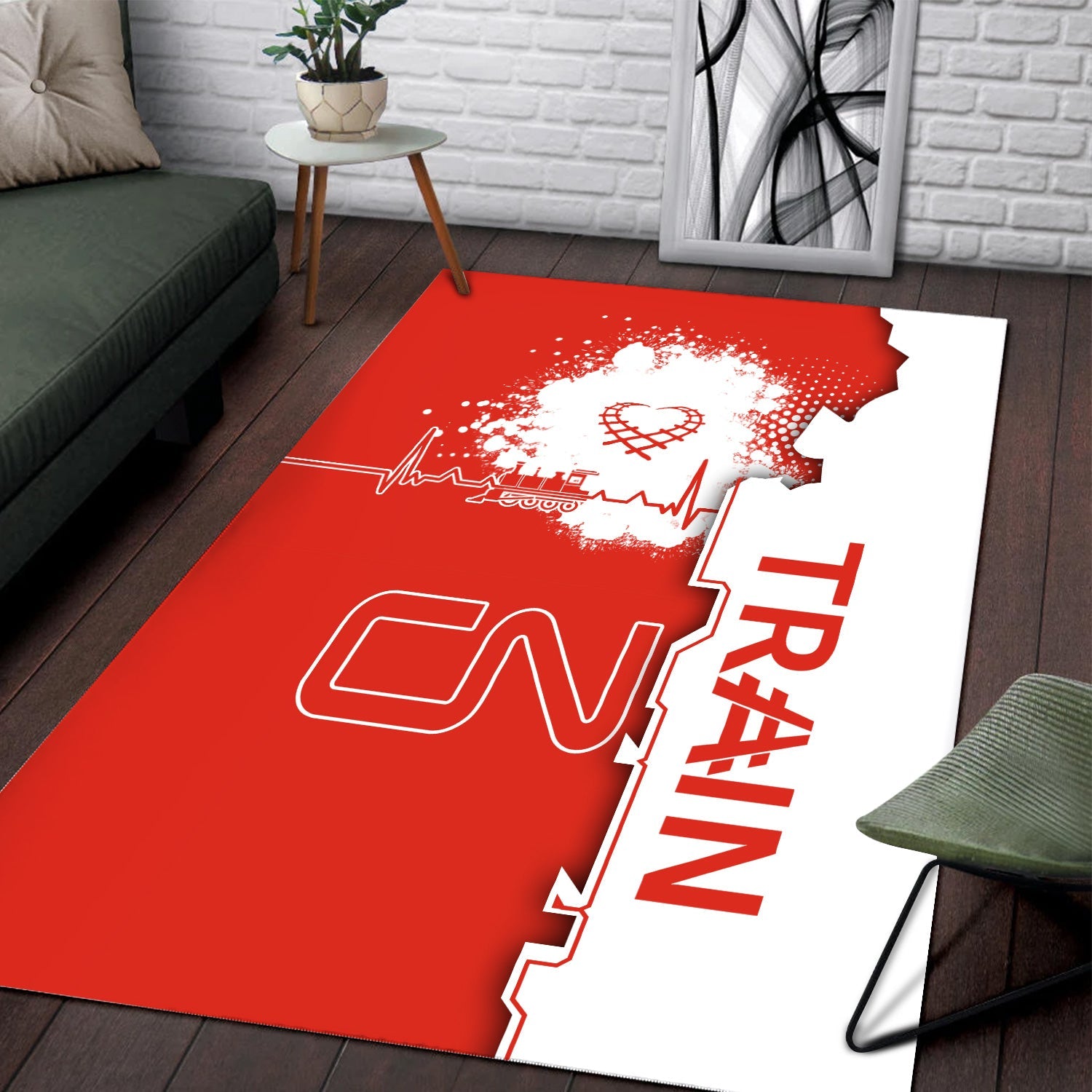 Railspirit Canadian National Railroad Area Rug Engine Heartbeat and Track Love Style Rug Gift Idea For Train Lovers