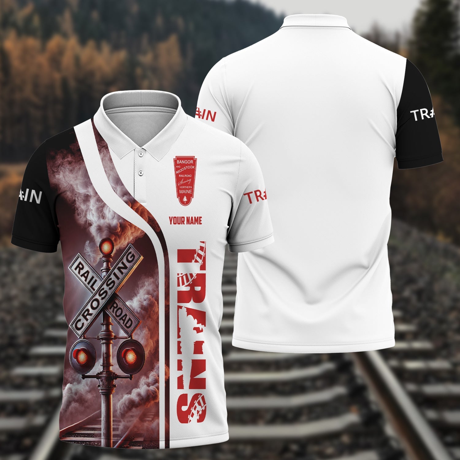 Railspirit Personalized Bangor And Aroostook Railroad Polo Shirt Crossing Railroad Sign American Locomotive Train Shirt All Over Print