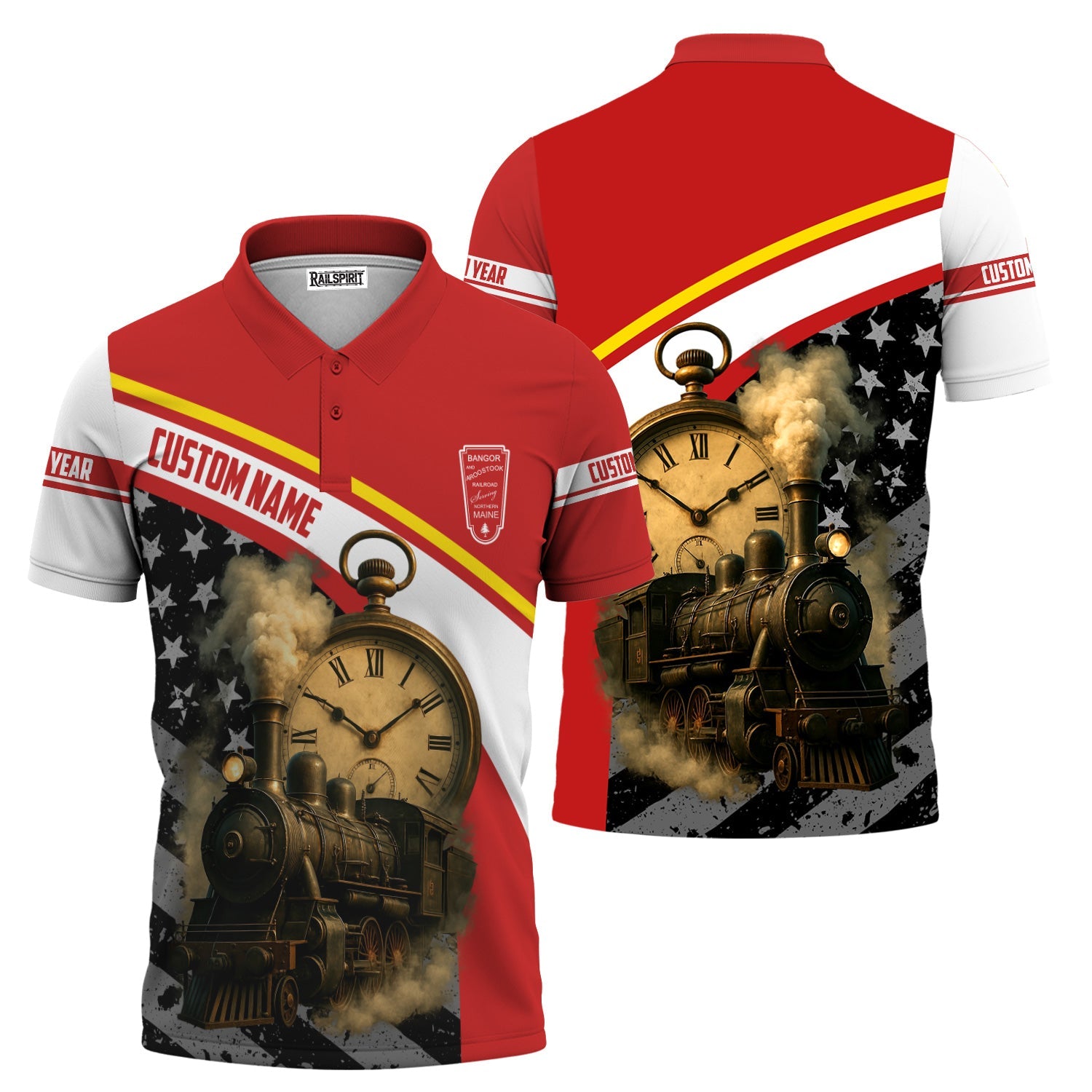 Railspirit Personalized Bangor And Aroostook Railroad Polo Shirt Classic Steam Engine With Retro Pocket Watch Shirt All Over Print
