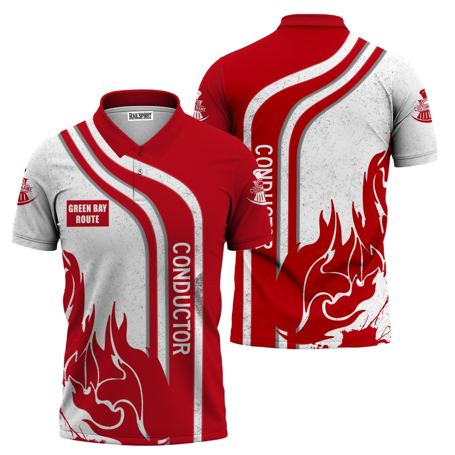 Railspirit Personalized Green Bay & Western Railroad Polo Shirt Flame Design with Custom Job Position Train Shirt