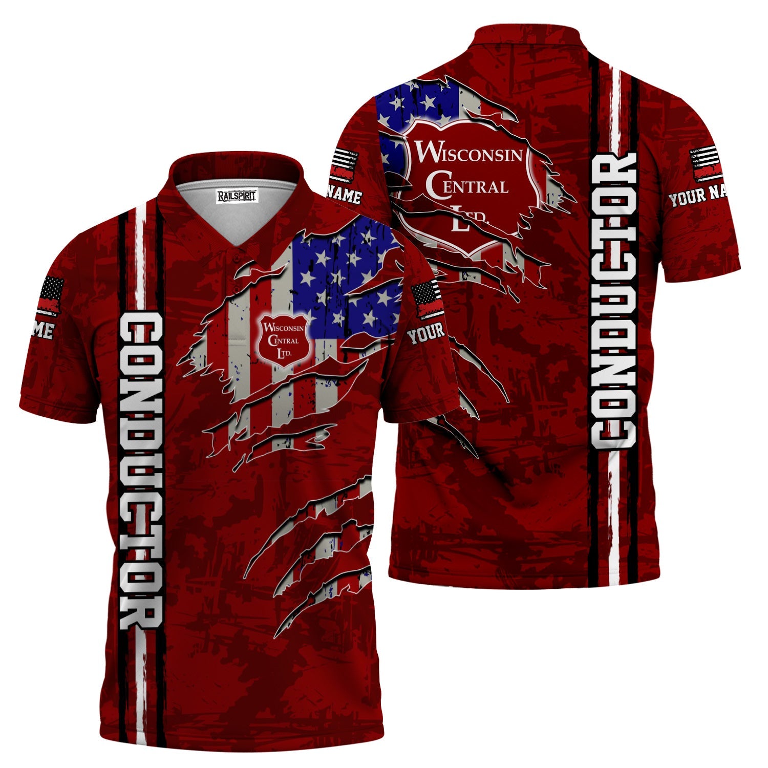 Railspirit Personalized Wisconsin Central Ltd Railroad Polo Shirt USA Flag Claw Art with Custom Job Train Shirt