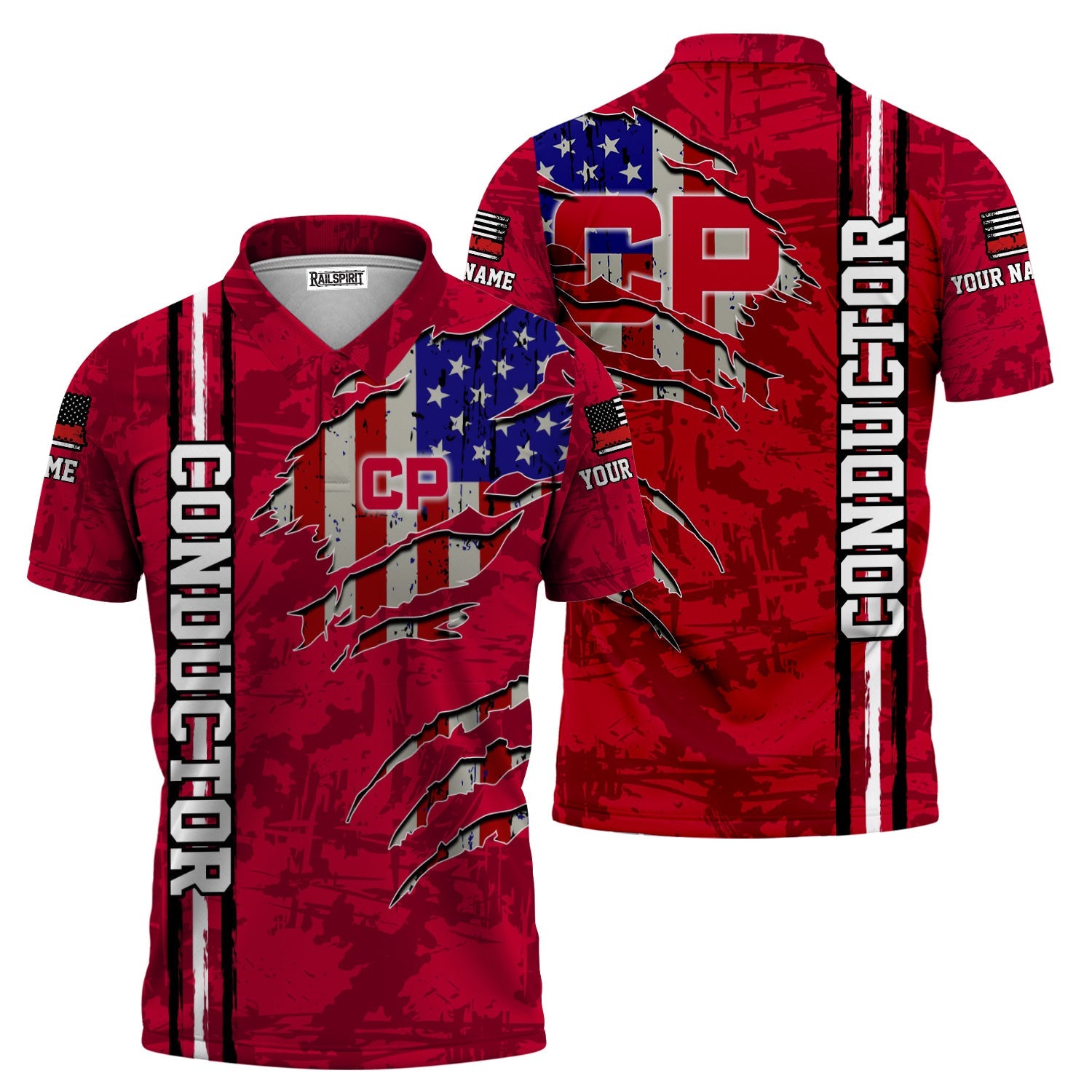 Railspirit Personalized Canadian Pacific Railroad Polo Shirt USA Flag Claw Art with Custom Job Train Shirt