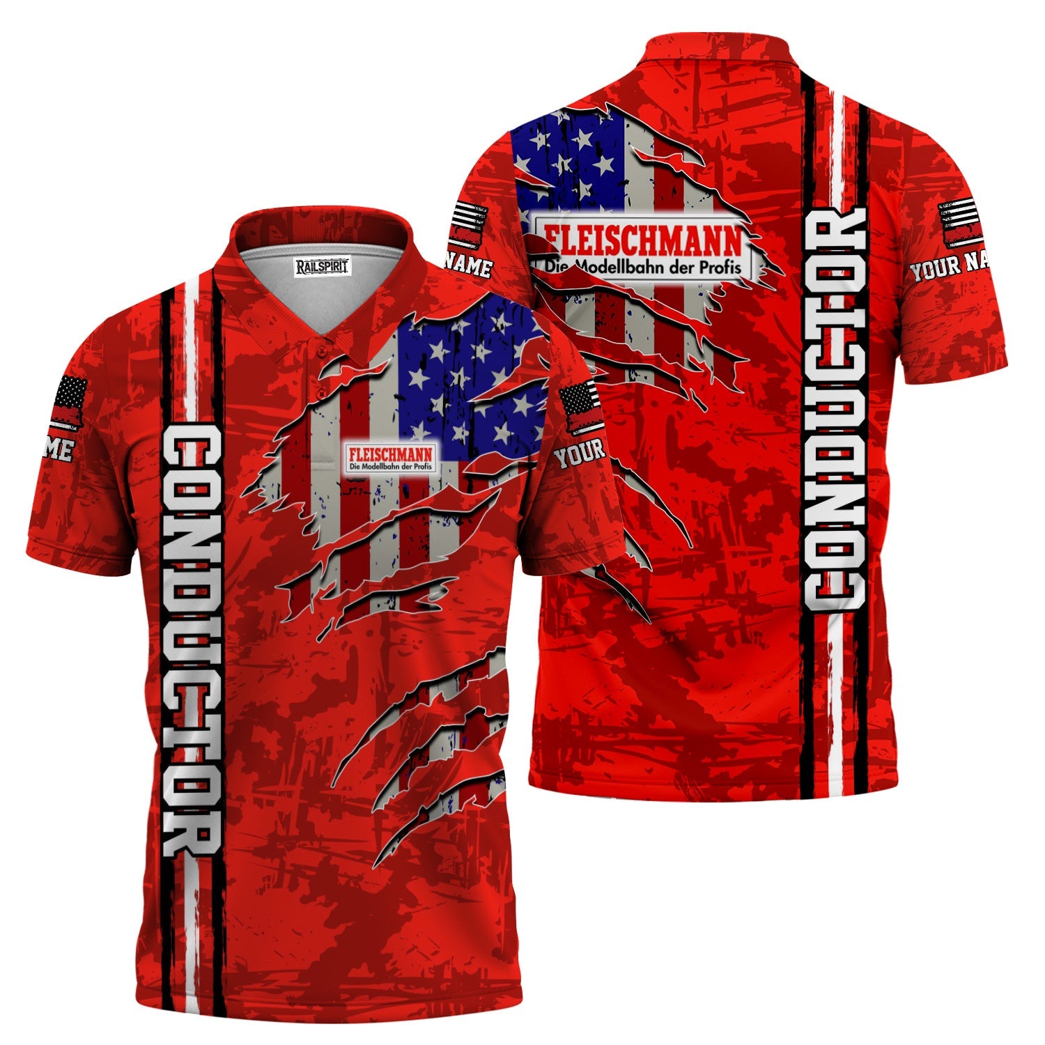 Railspirit Personalized Fleischmann And Western Railroad Polo Shirt USA Flag Claw Art with Custom Job Train Shirt