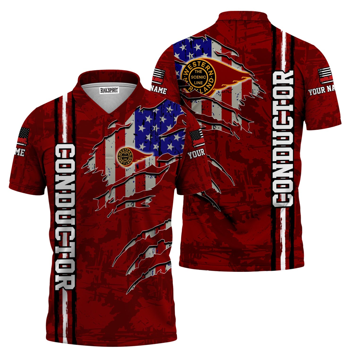 Railspirit Personalized Western Maryland Railway Polo Shirt USA Flag Claw Art with Custom Job Train Shirt