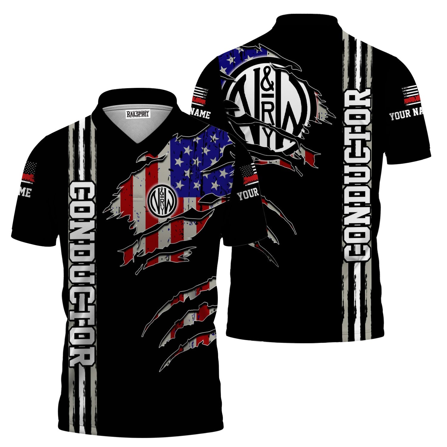 Railspirit Personalized Norfolk and Western Railway Polo Shirt USA Flag Claw Art with Custom Job N&W Train Shirt