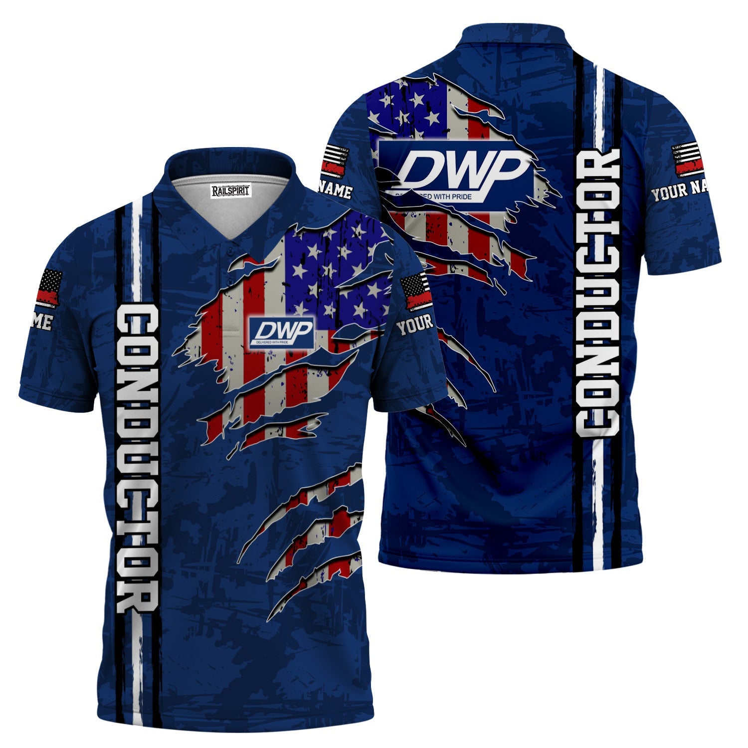 Railspirit Personalized Duluth, Winnipeg and Pacific Railway Polo Shirt USA Flag Claw Art with Custom Job Train Shirt