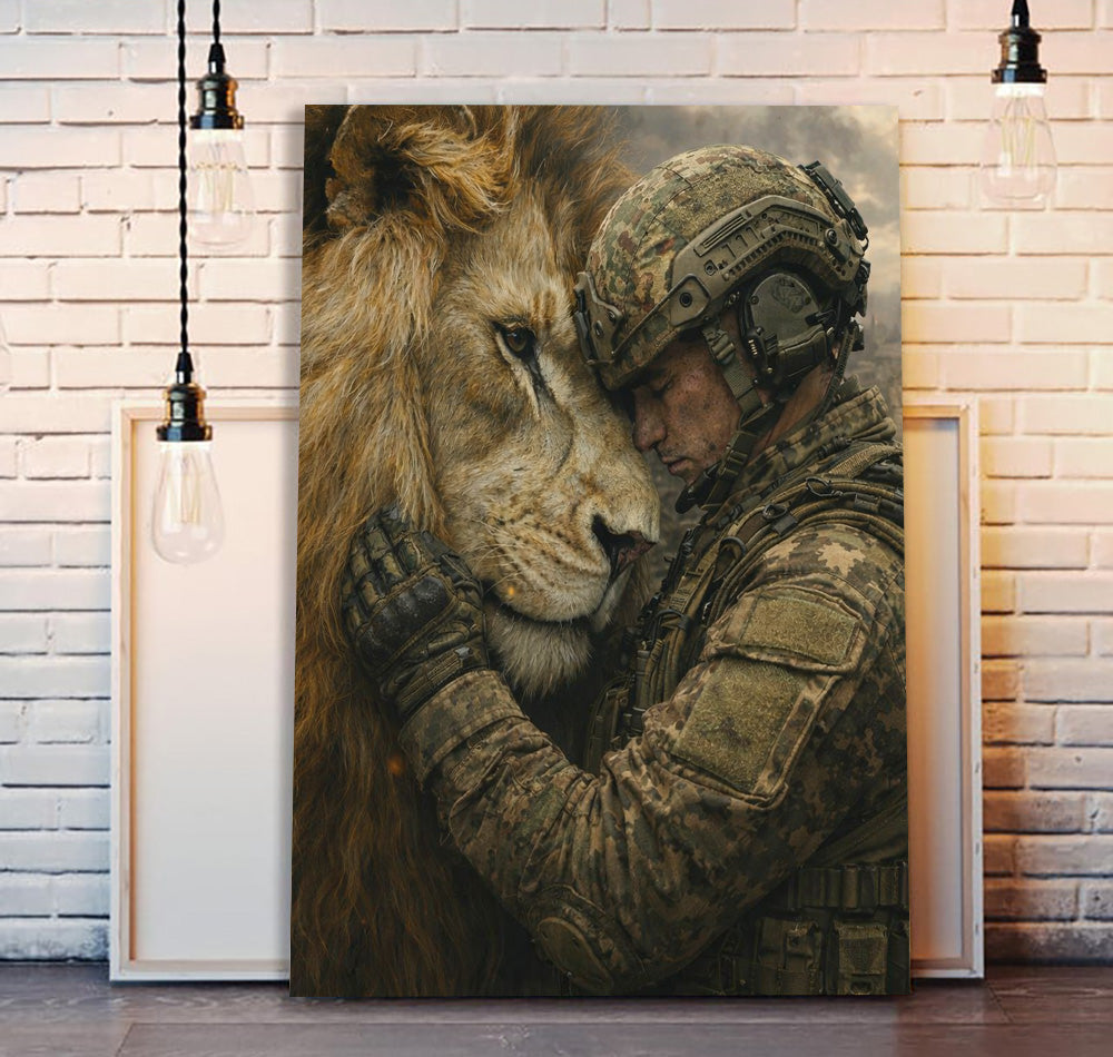 Soldier and Lion Wall Art, Military Courage Poster, Warrior Strength Artwork, Patriotic Home Decor, Gift for Men Veteran