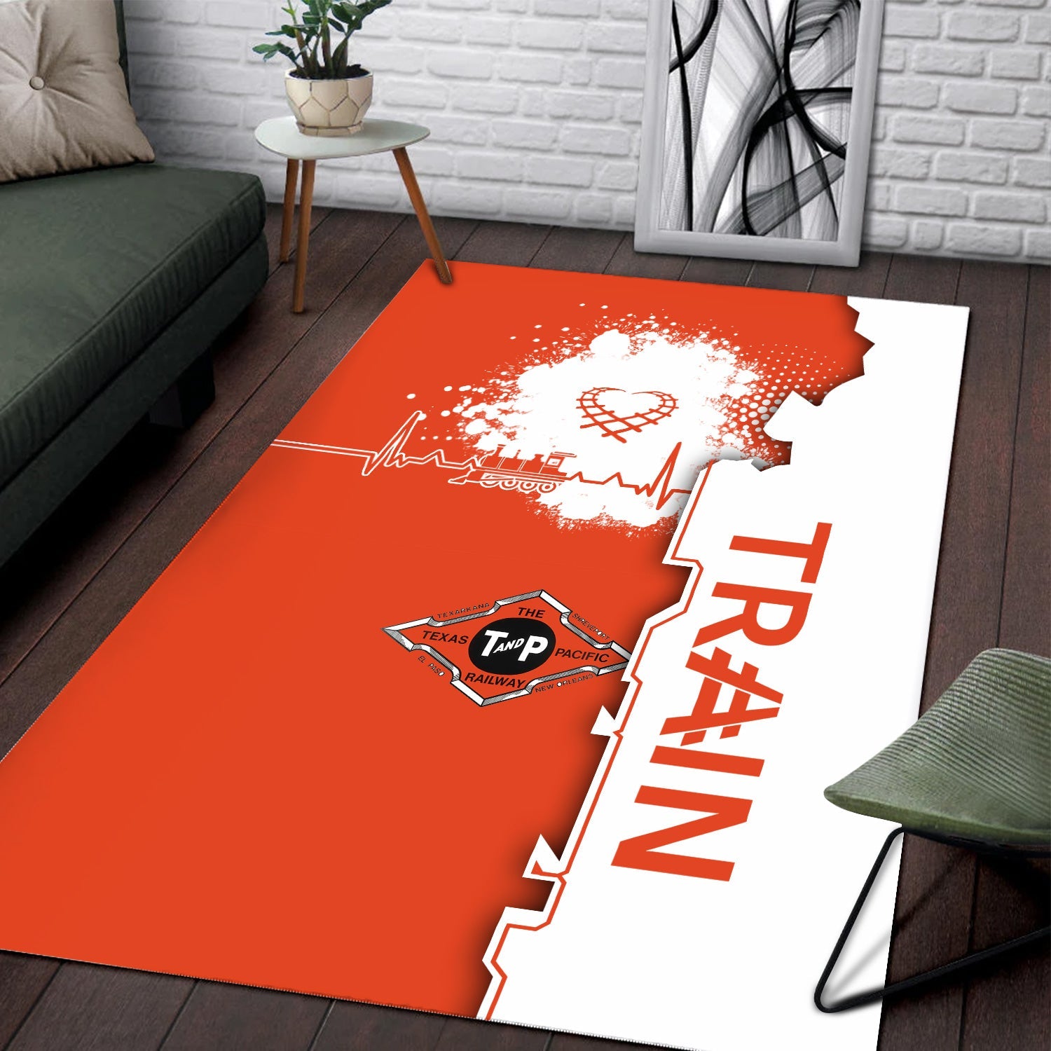 Railspirit Texas and Pacific Railway Area Rug Engine Heartbeat and Track Love Style Rug Gift Idea For Train Lovers