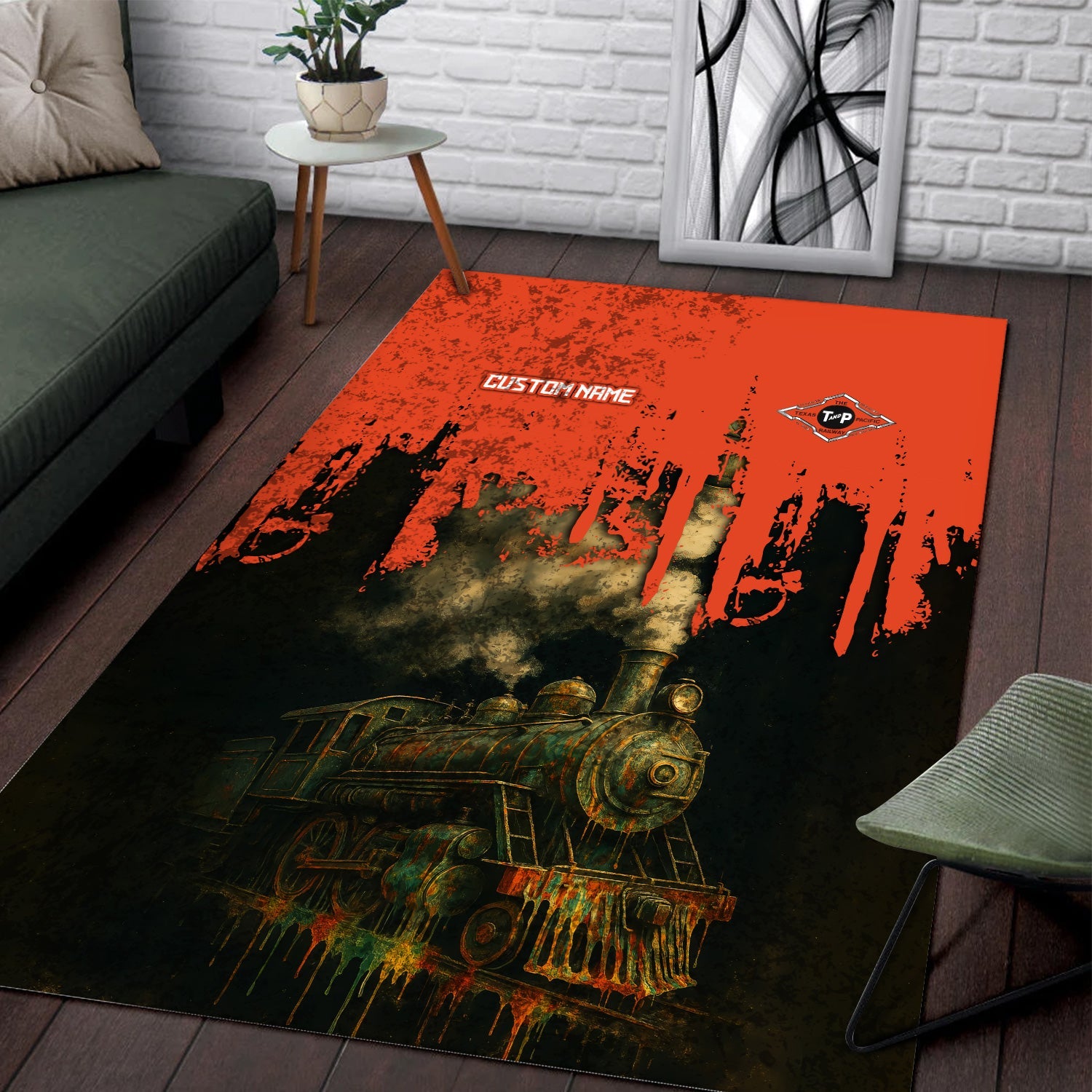 Railspirit Personalized Texas and Pacific Railway Area Rug Vintage Train Art Style Rug For Locomotive Fans