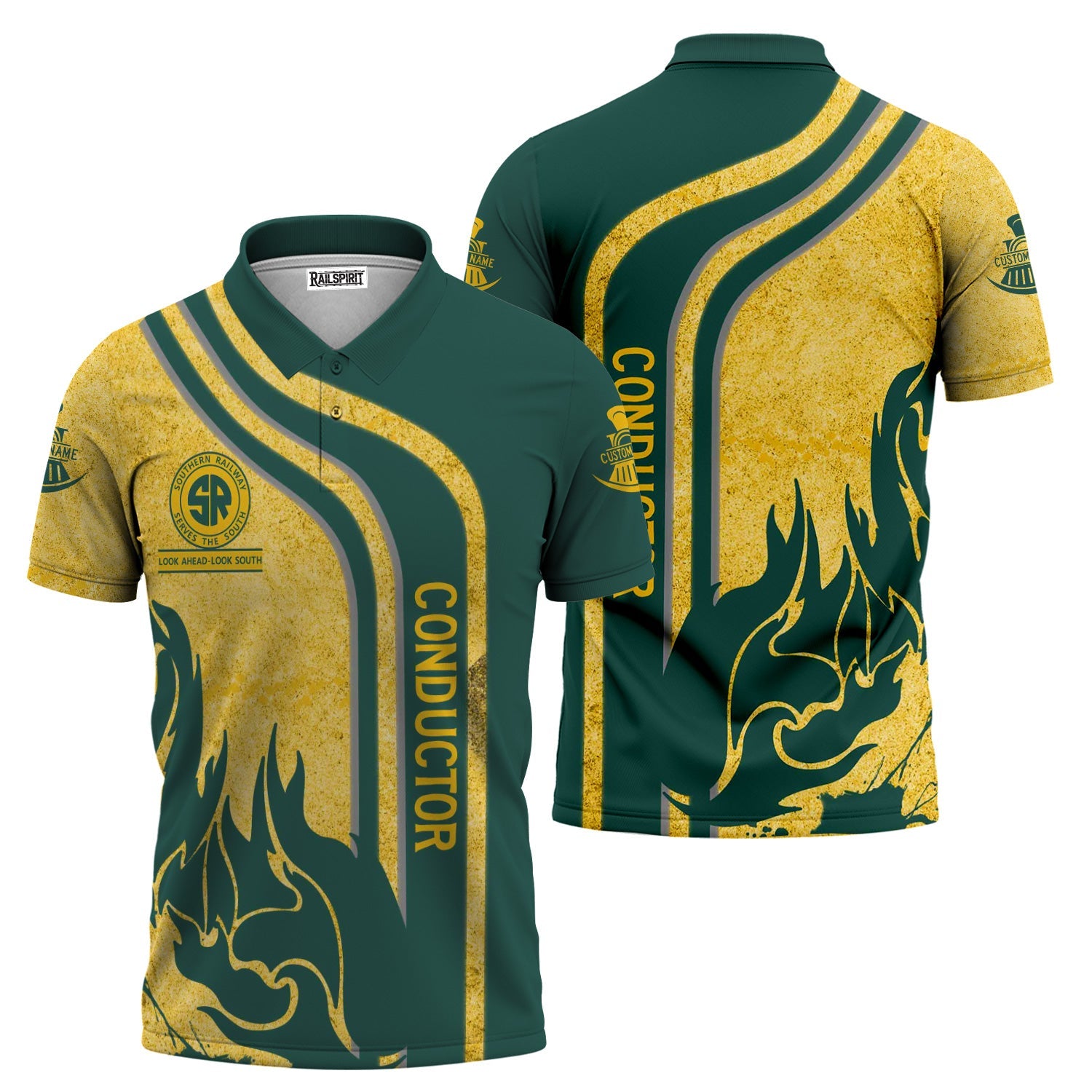 Railspirit Personalized Southern Railway U.S Polo Shirt Flame Design with Custom Job Position SOU Train Shirt