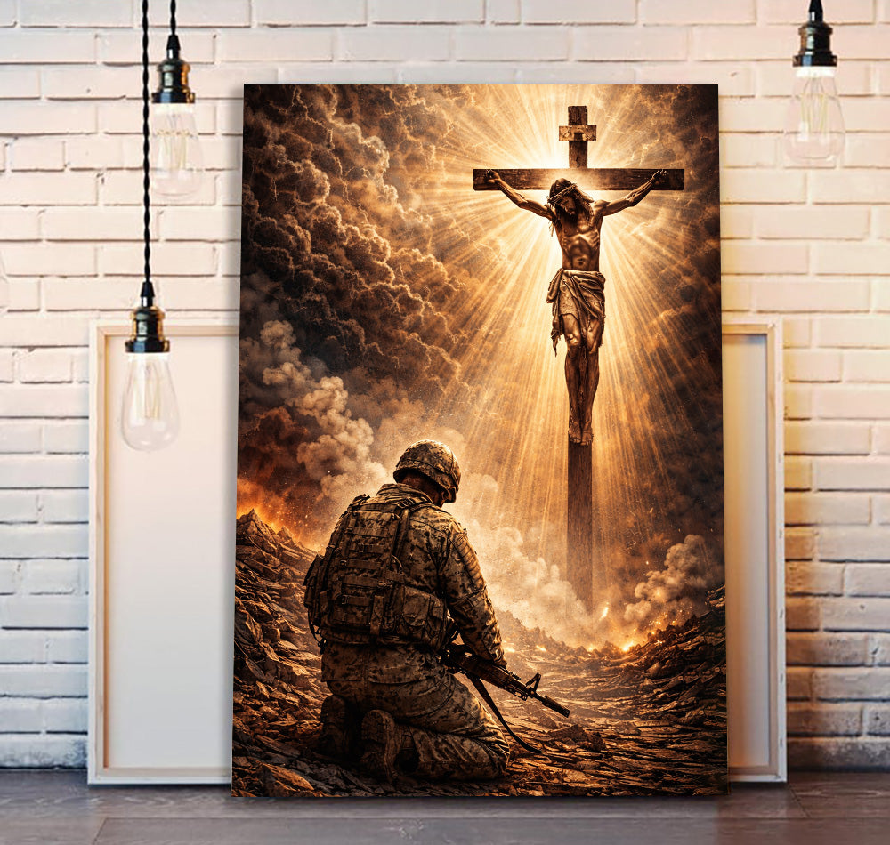 Soldier Kneeling Jesus Canvas Wall Art, Christian Canvas Faith Home Decor Veteran Gift Ideas
