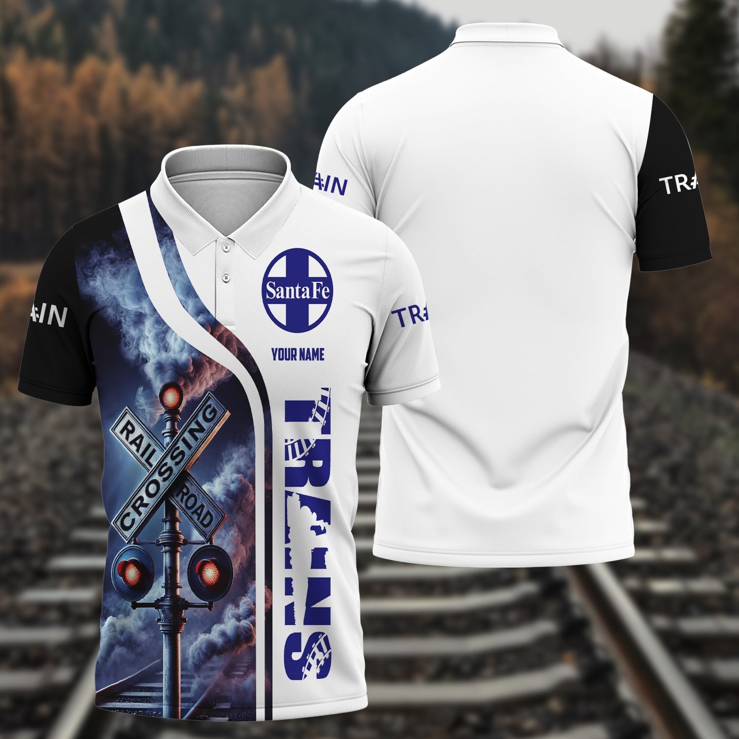 Railspirit Personalized Santa Fe Railway Polo Shirt Crossing Railroad Sign American Locomotive Train Shirt All Over Print