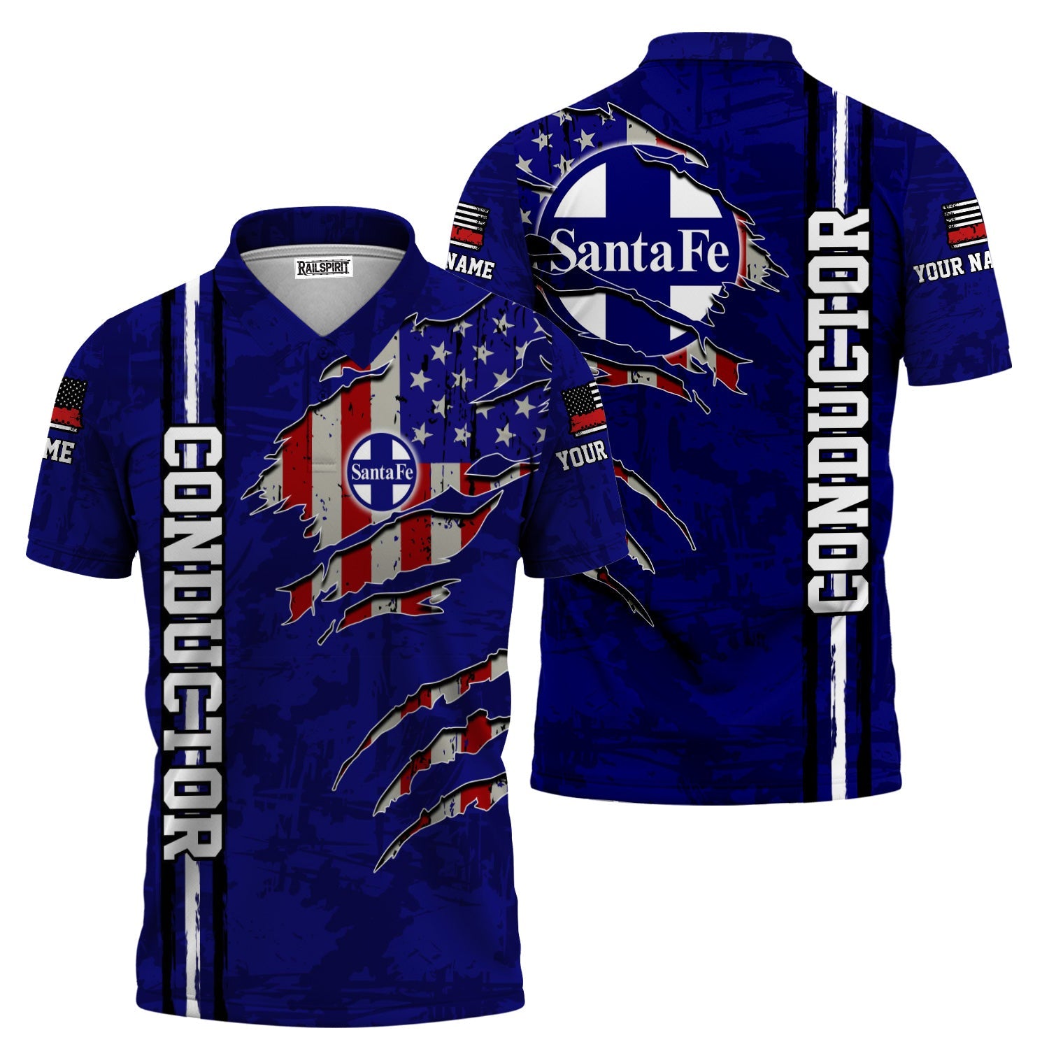 Railspirit Personalized Santa Fe ATSF Railway Polo Shirt USA Flag Claw Art with Custom Job Atchison, Topeka and Santa Fe Train Shirt