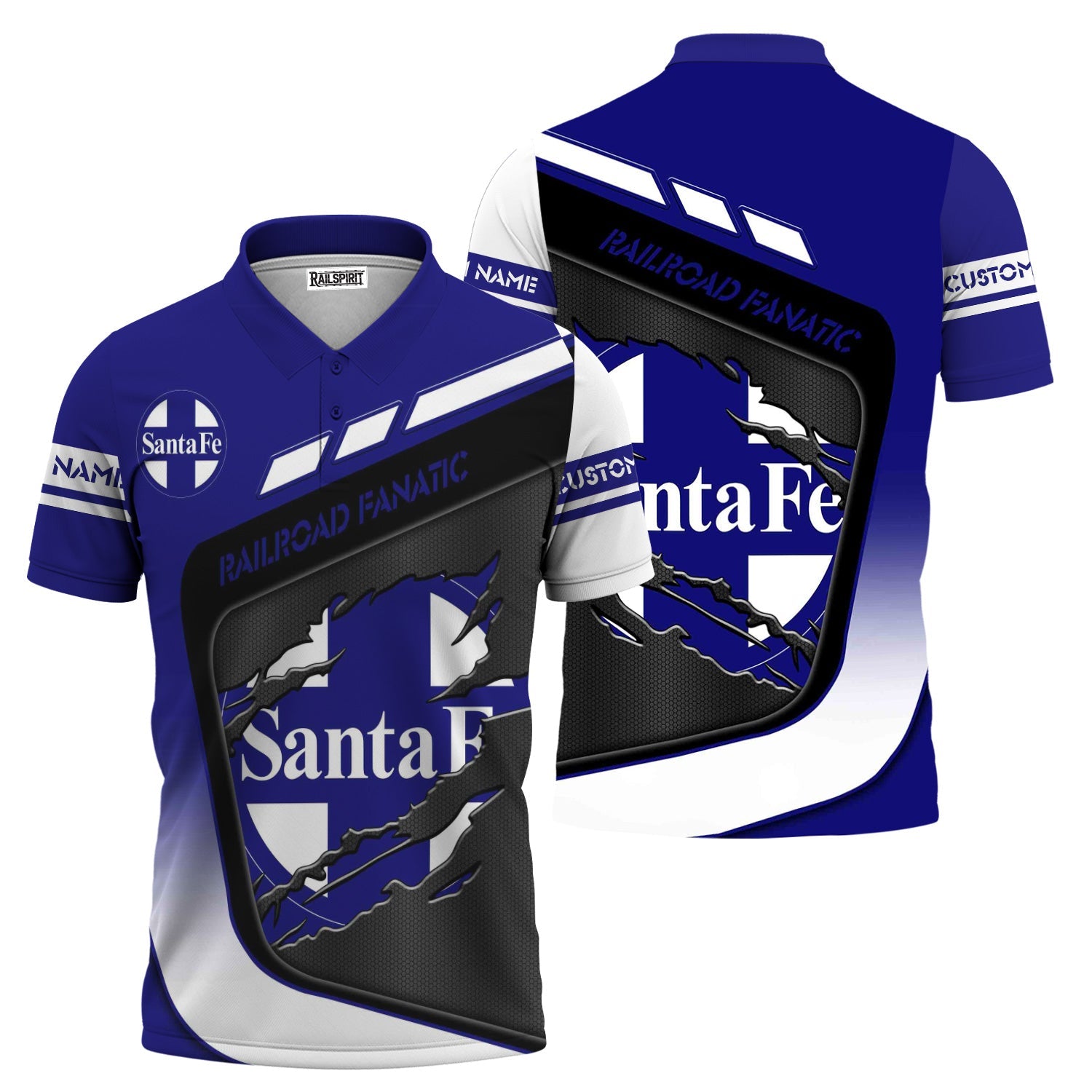 Railspirit Personalized Santa Fe ATSF Railway Polo Shirt Ripped Texture Style Atchison, Topeka and Santa Fe Train Shirt For Railroad Fanatic