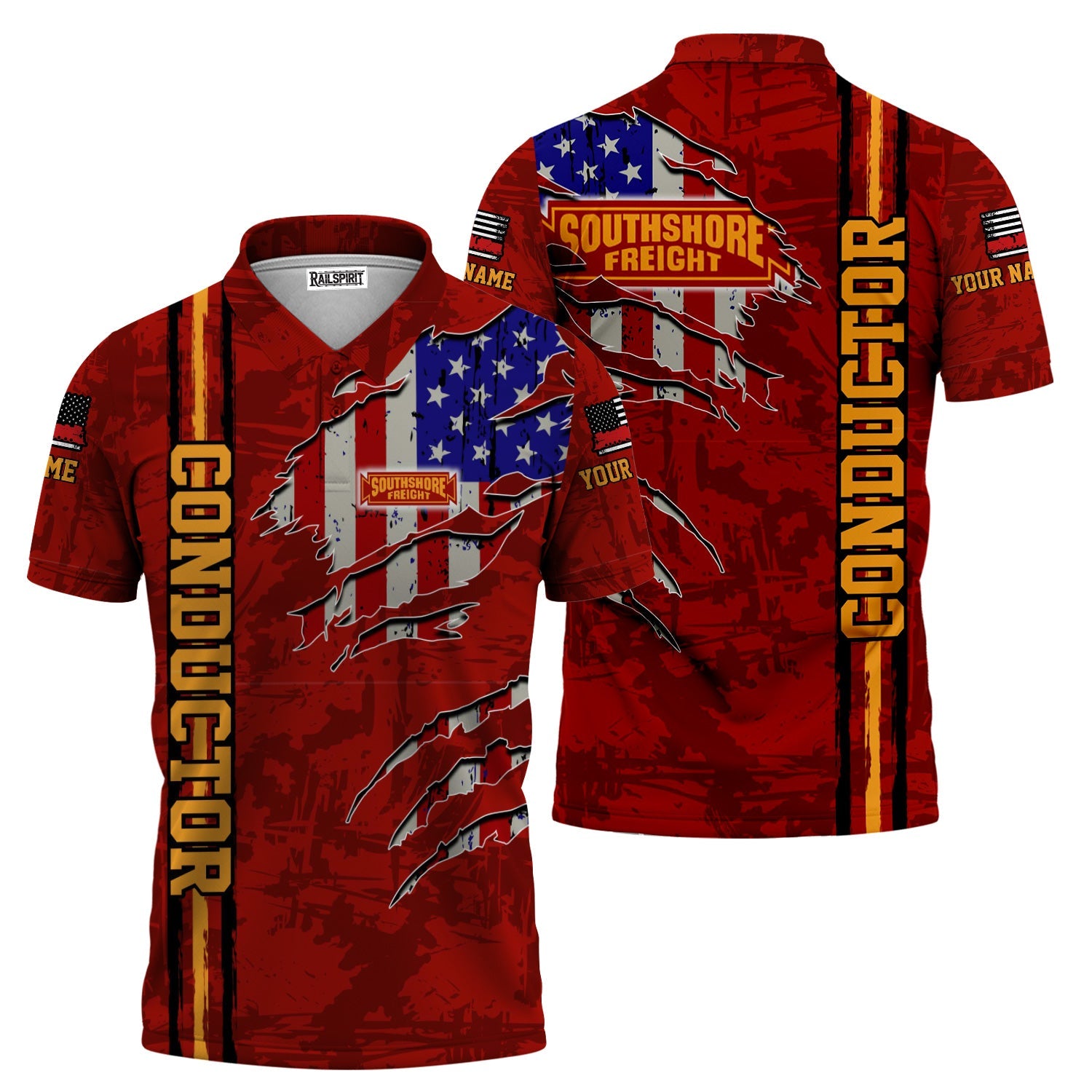 Railspirit Personalized Chicago South Shore and South Bend Railroad Polo Shirt USA Flag Claw Art with Custom Job Train Shirt