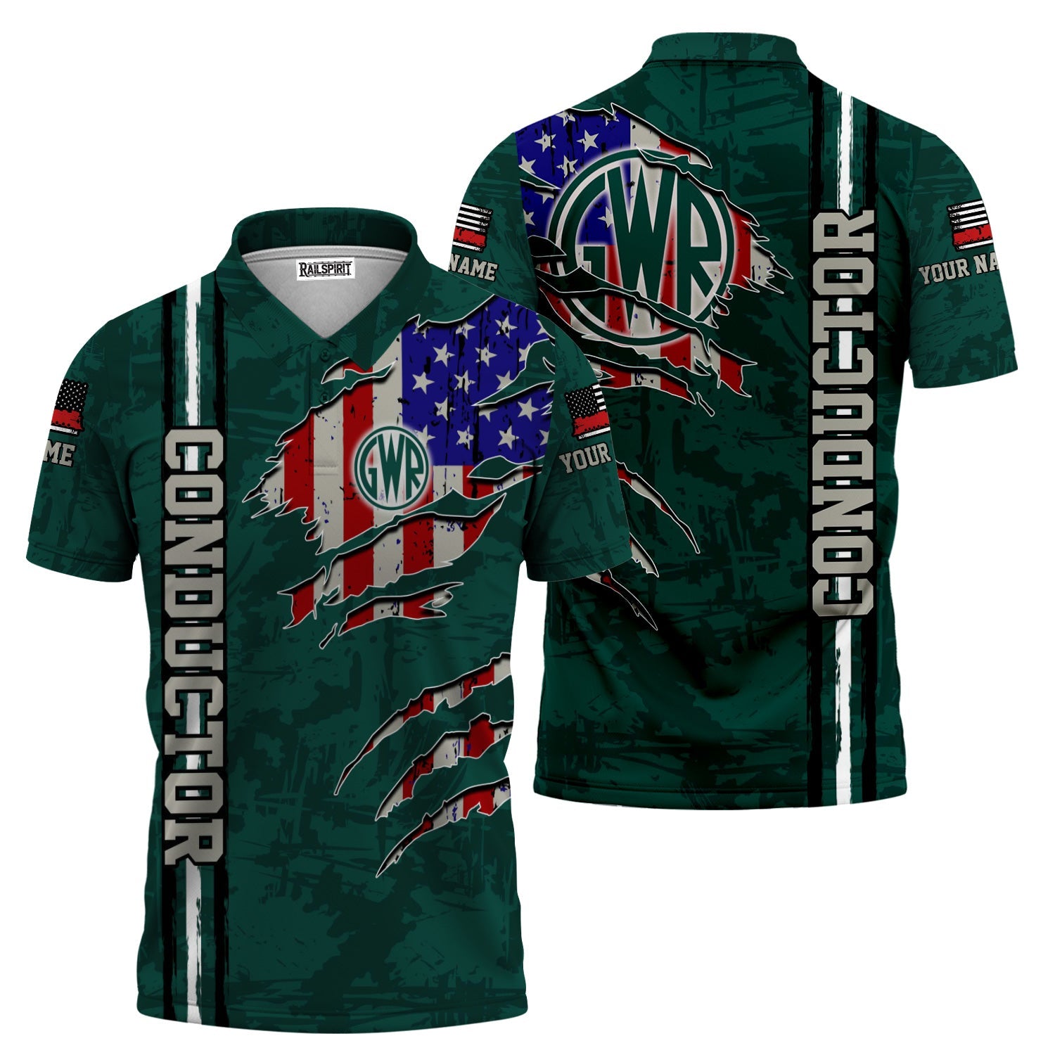 Railspirit Personalized Great Western Railway Polo Shirt USA Flag Claw Art with Custom Job Train Shirt