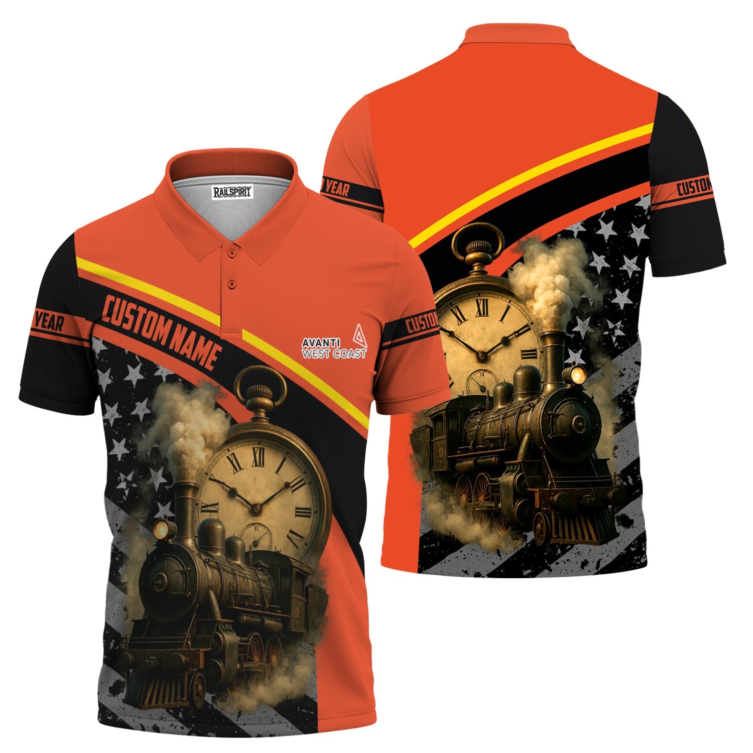 Railspirit Personalized Avanti West Coast Polo Shirt Classic Steam Engine With Retro Pocket Watch Shirt All Over Print