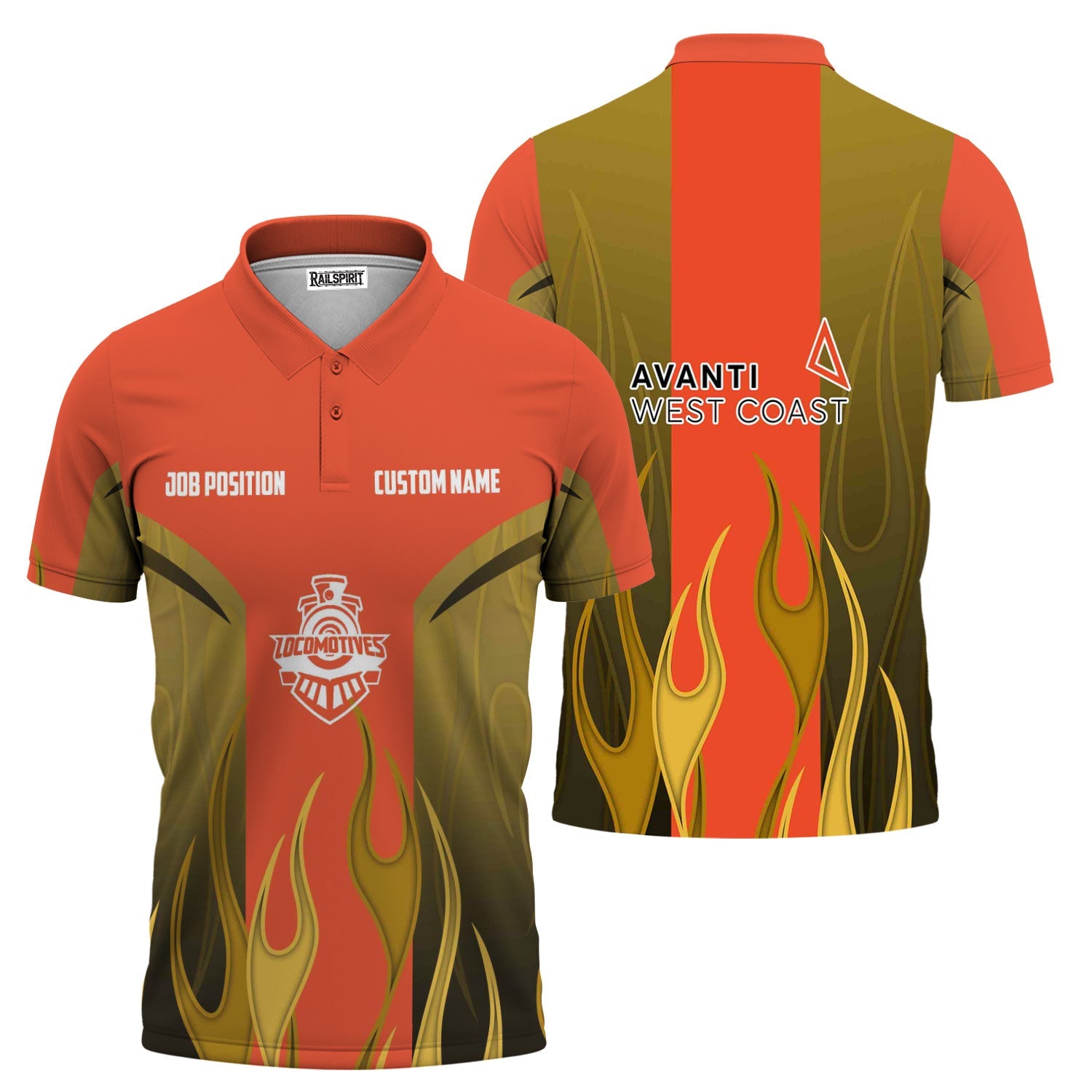 Railspirit Custom Name and Job Title Avanti West Coast Polo Shirt Flame Graphic Train Shirt