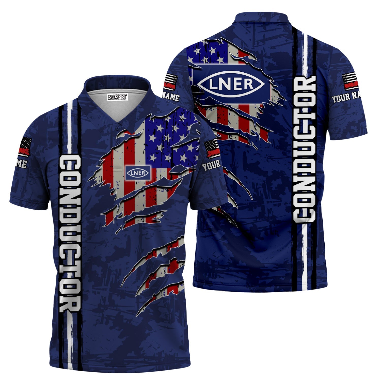 Railspirit Personalized London and North Eastern Railway Polo Shirt USA Flag Claw Art with Custom Job Train Shirt